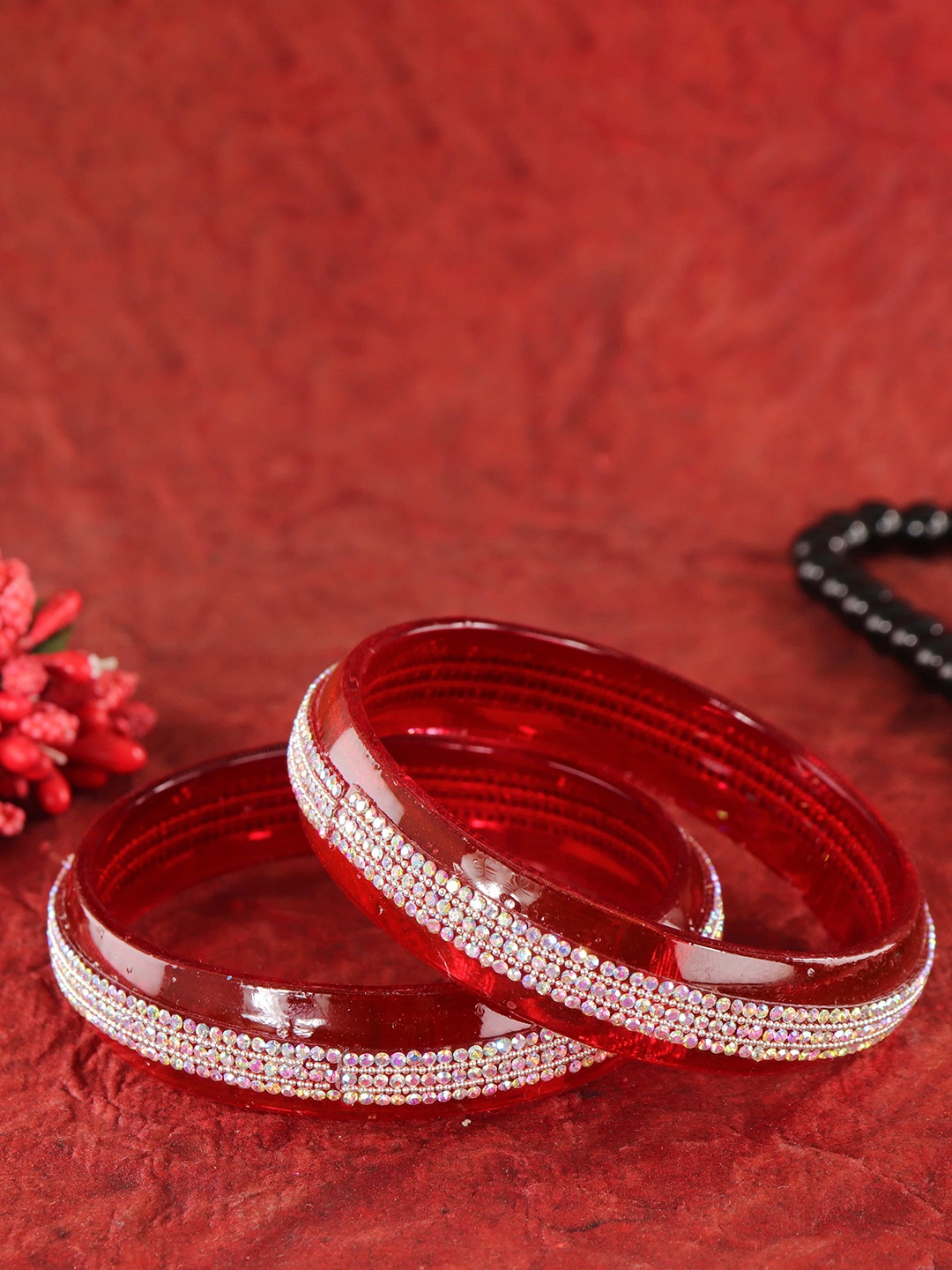 

ZULKA Set Of 2 Cubic Zircon Stone Studded Glass Bangles, Red
