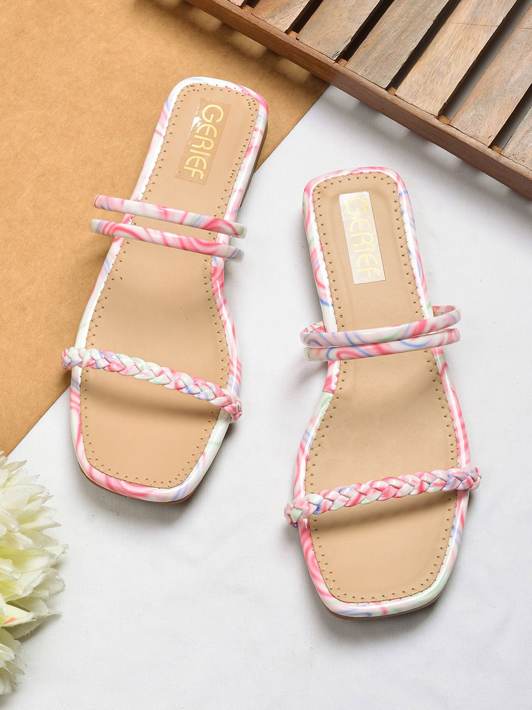 

GERIEF Women Printed Open Toe Flats, Pink
