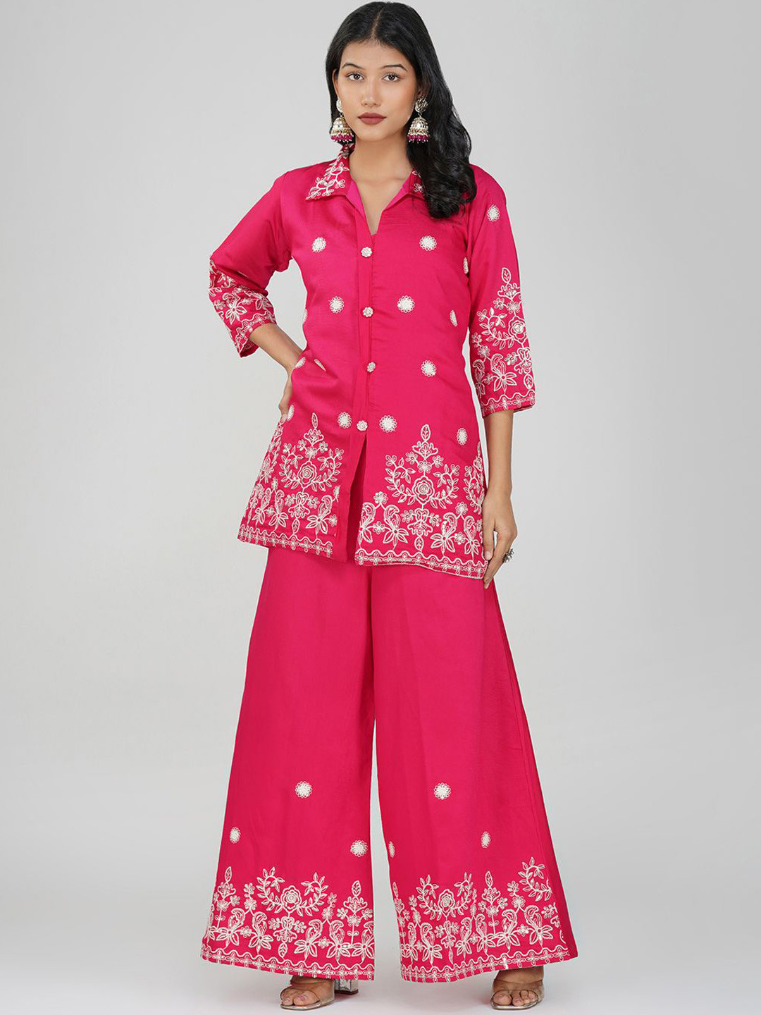 

Charitra Embroidered Top With Palazzo Co-Ords, Pink