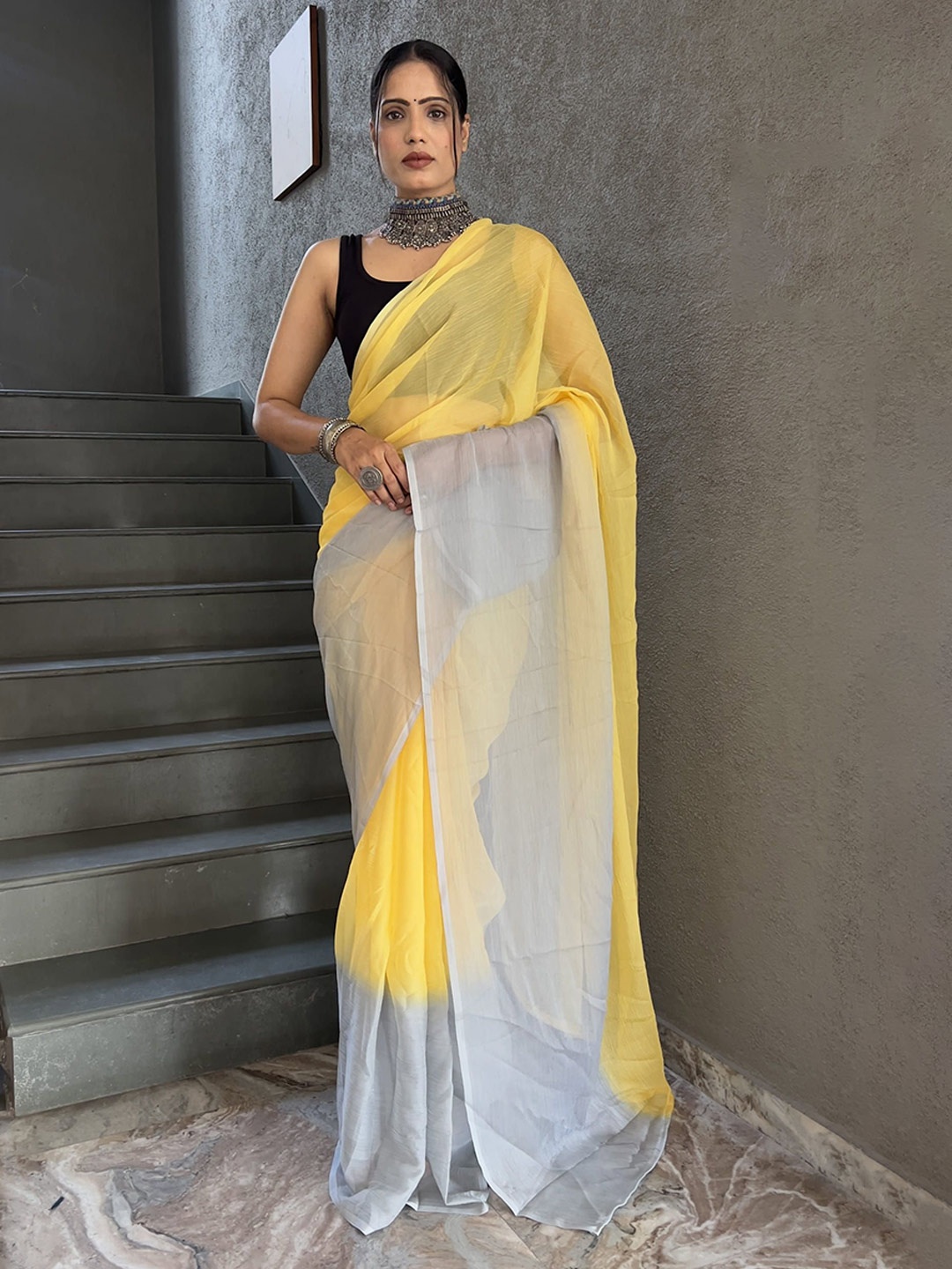 

HERE&NOW Pure Chiffon Ready to Wear Jamdani Saree, Yellow
