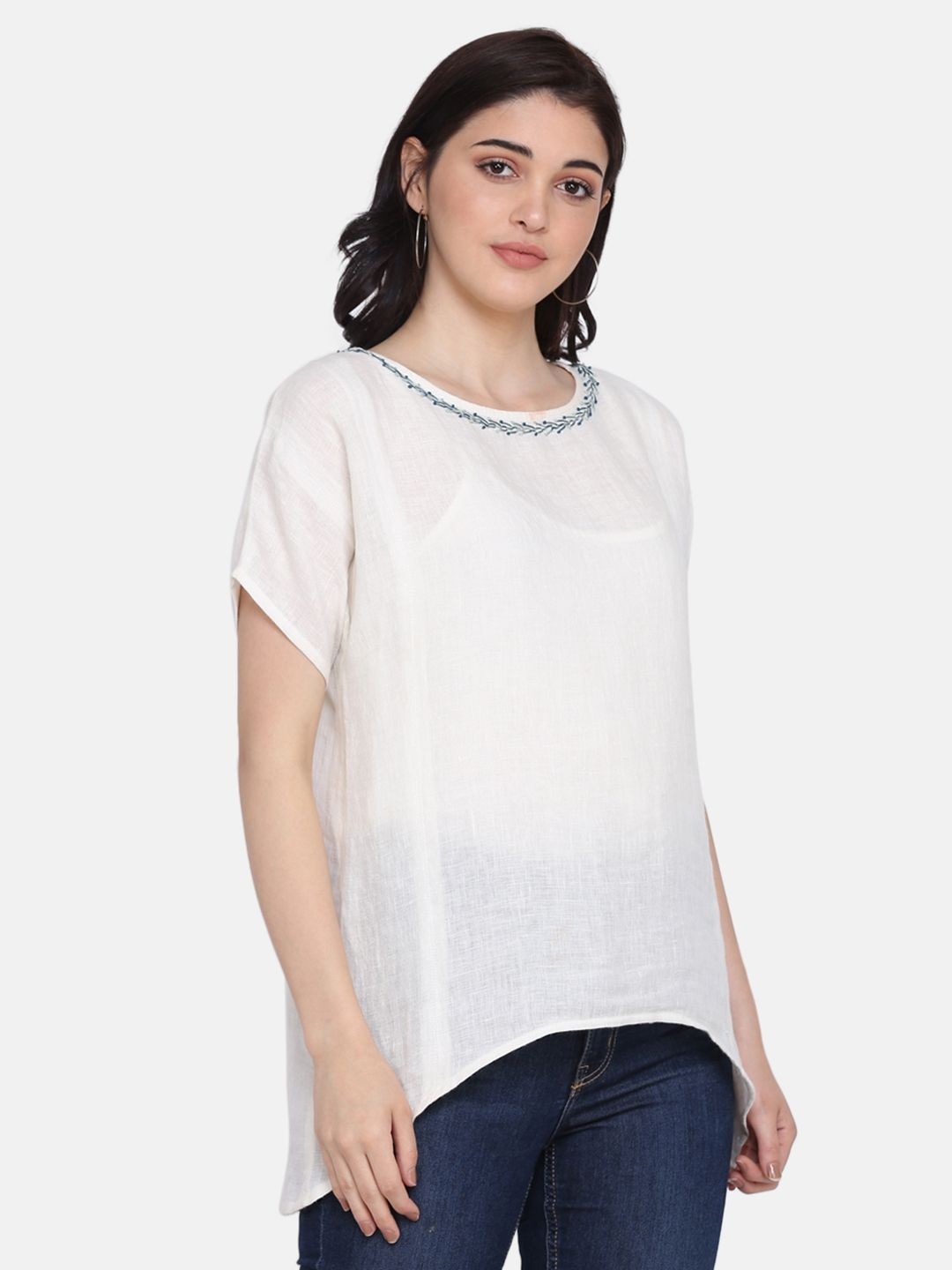 

ECO LEAS BY SHIPRA Embroidered Linen Top, White