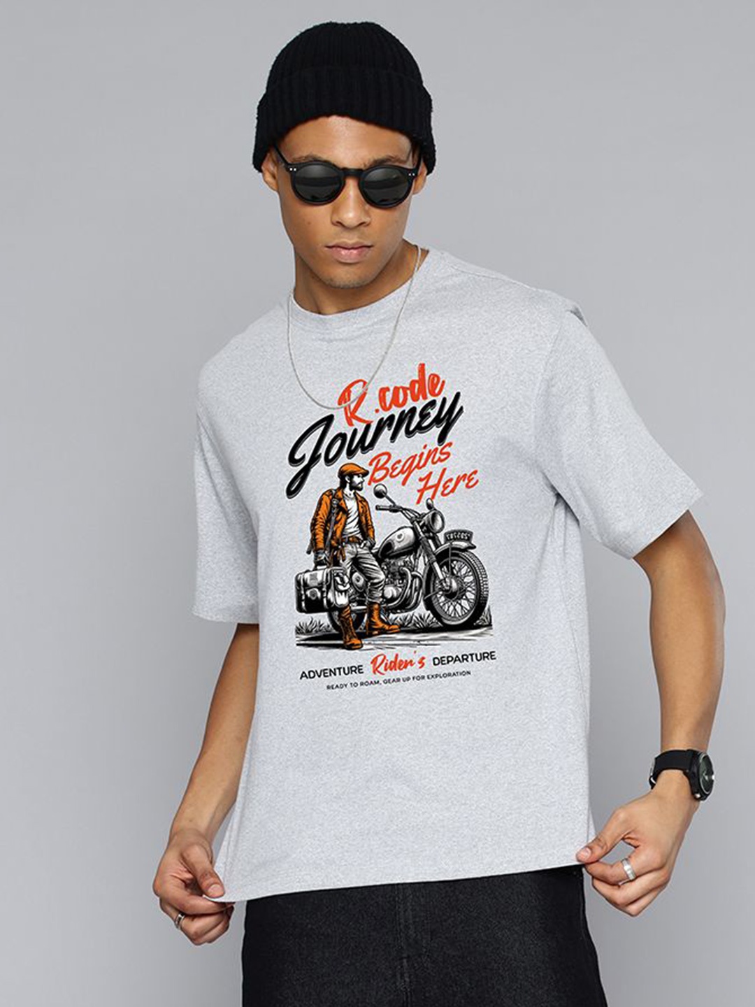 

R.Code by The Roadster Life Co. Men Typography Printed Applique T-shirt, Grey