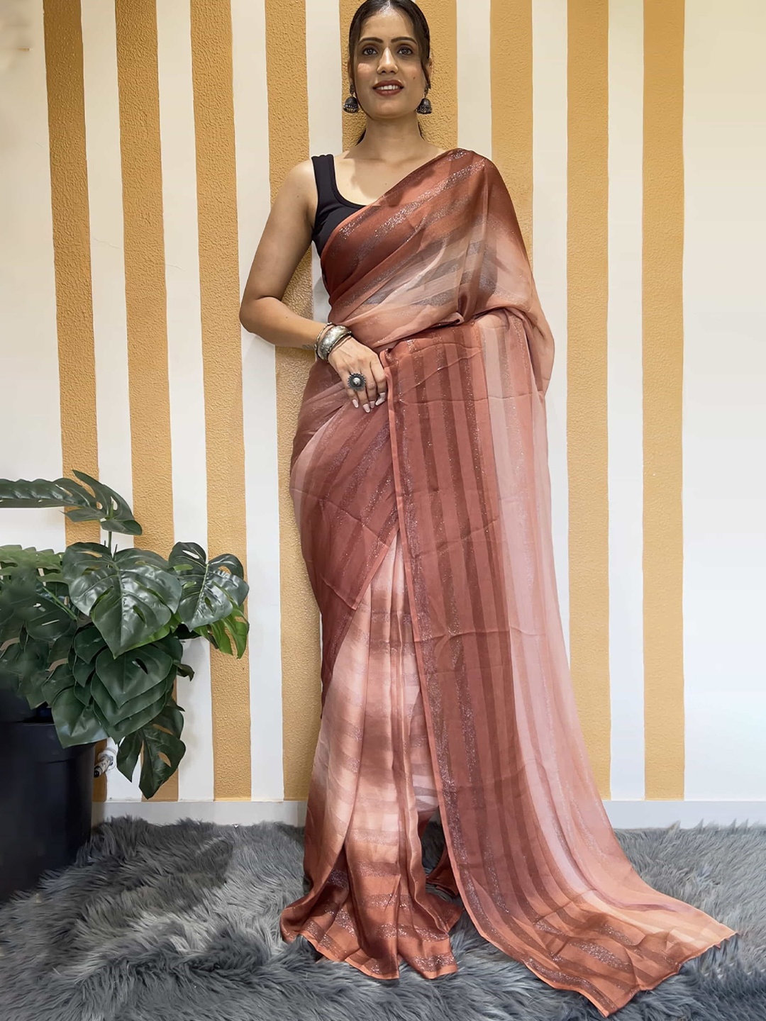 

HERE&NOW Striped Pure Chiffon Ready to Wear Saree, Brown