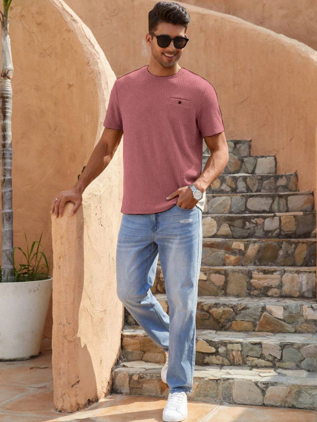

madfrog Men Extended Sleeves Pockets T-shirt, Peach