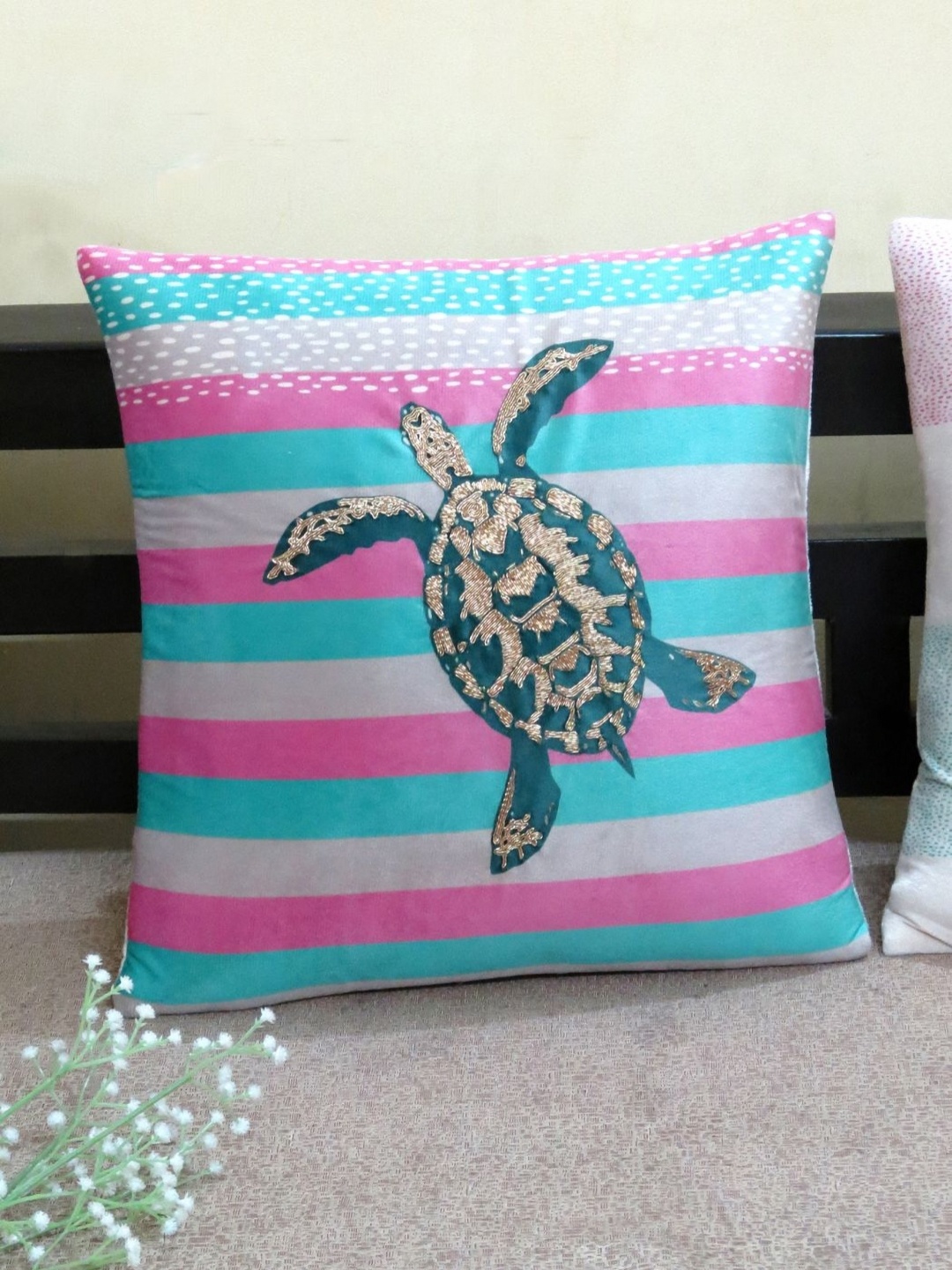 

Mid July Home Pink & Blue Ethnic Motifs Velvet Square Cushion Covers
