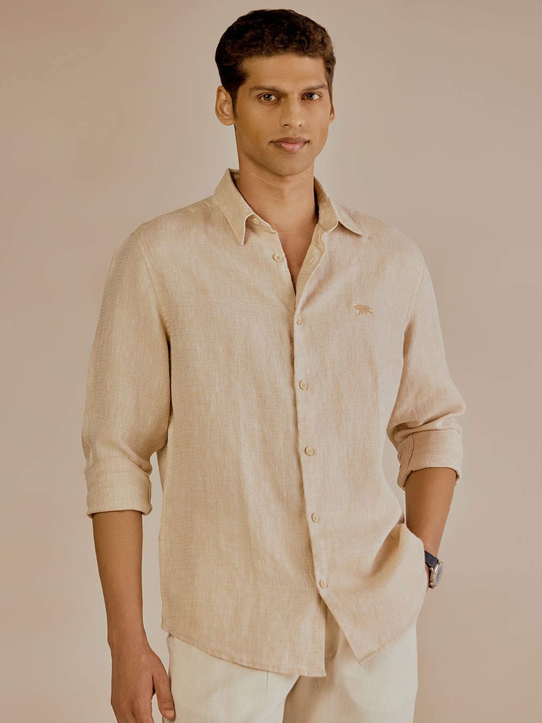 

Andamen Men Casual Linen Solid Regular Fit Shirt, Beige