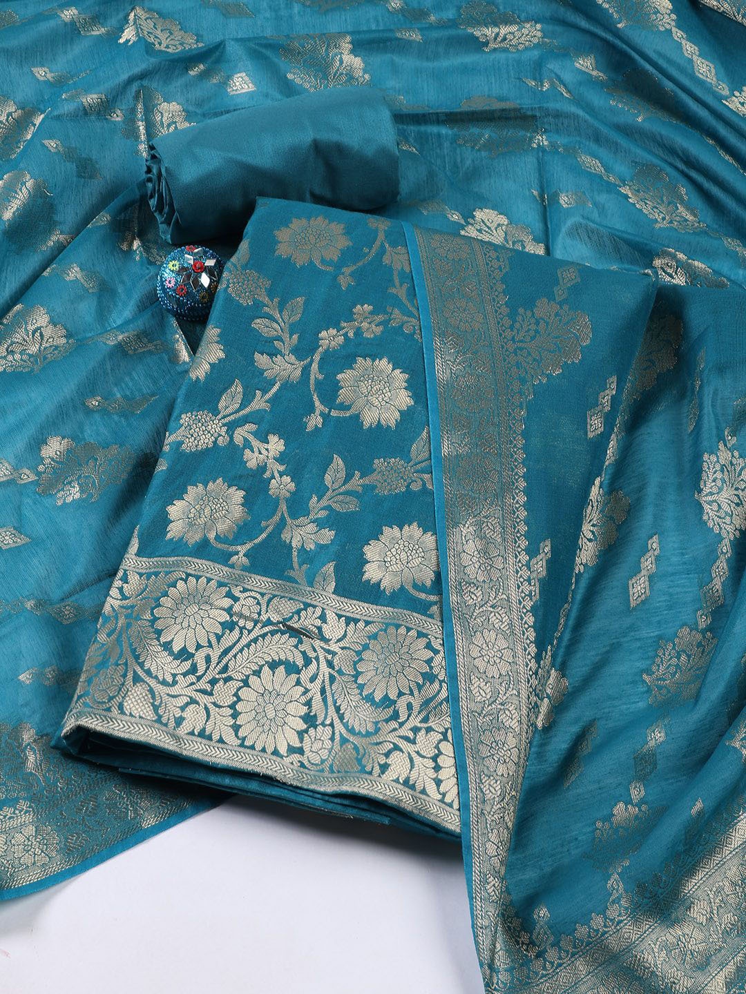 

Meena Bazaar Art Silk Unstitched Dress Material, Blue