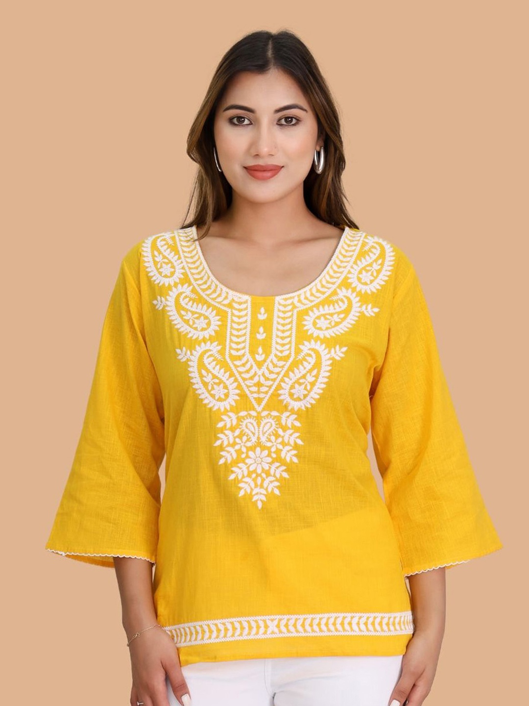 

Moda Rapido Floral Embroidered Flared Sleeves Thread Work Pure Cotton Thread Work Kurti, Yellow