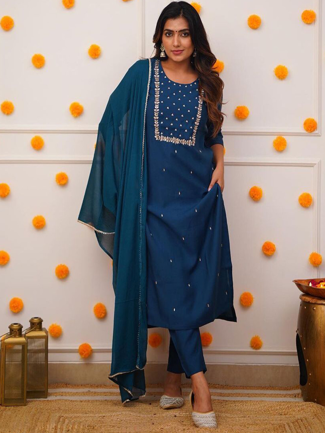 

SHIJILA Women Floral Yoke Design Regular Thread Work Kurta with Trousers & With Dupatta, Navy blue