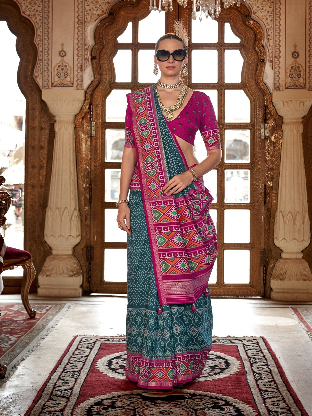 

MAHALASA Ethnic Motifs Pure Silk Handloom Patola Saree, Turquoise blue