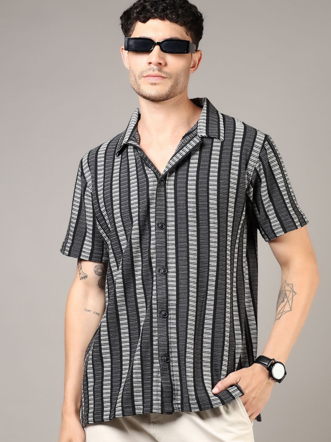 

V-Mart Men Opaque Striped Casual Shirt, Grey