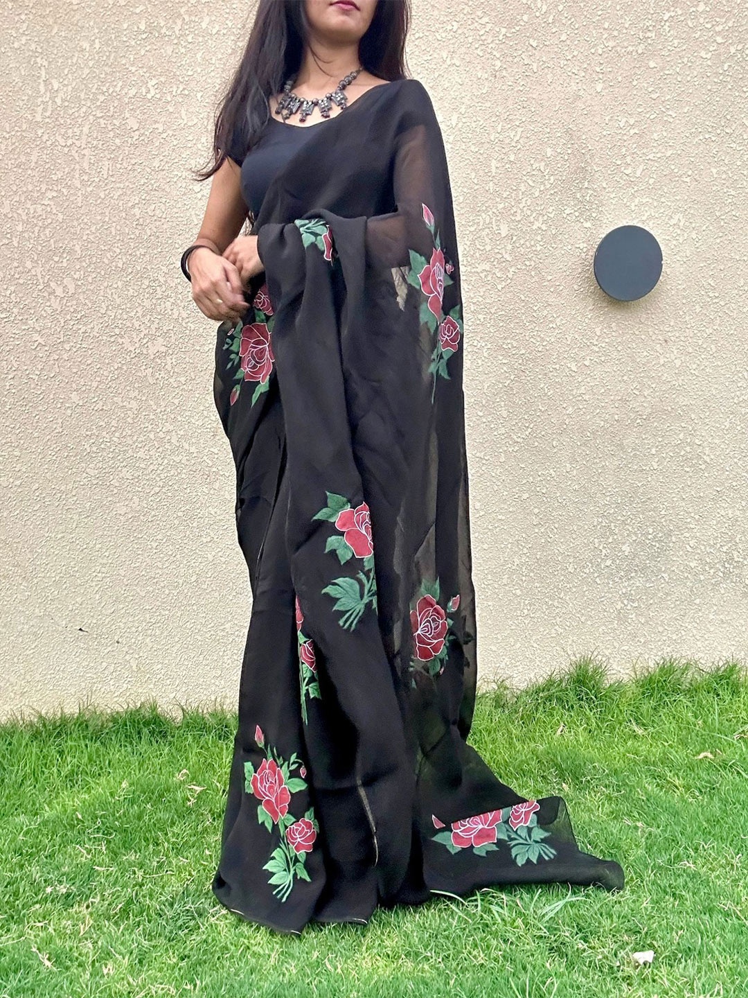 

Noor by Hansa Black Hand-Painted Organza Silk Saree