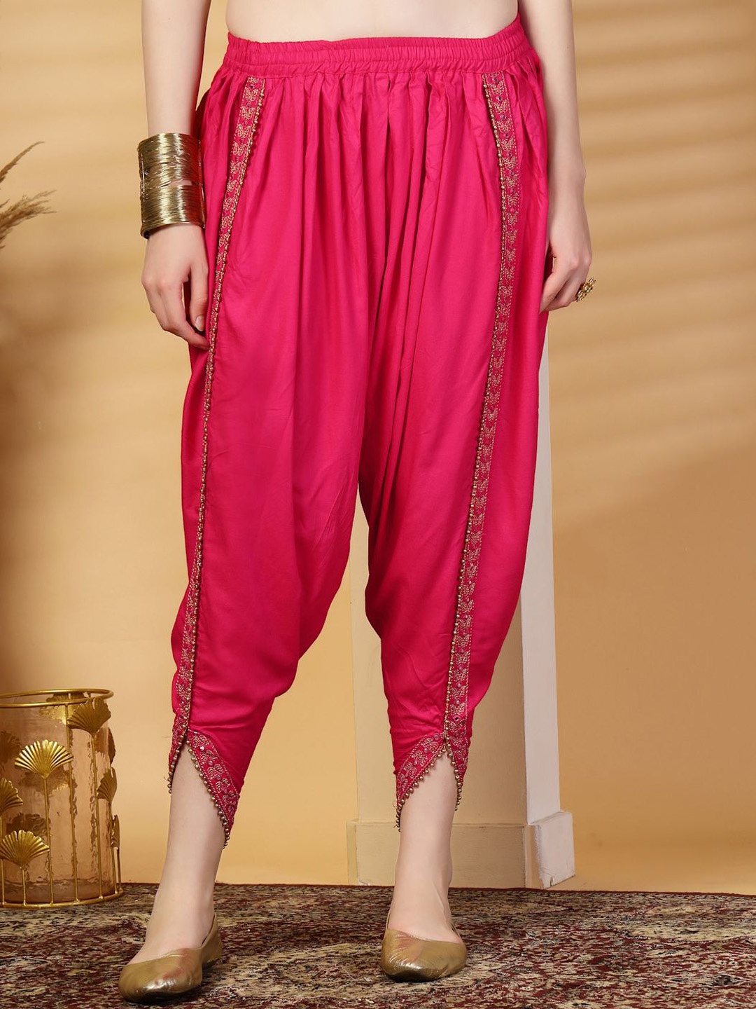 

Clora Creation Embellished Rayon Dhoti Pants, Magenta