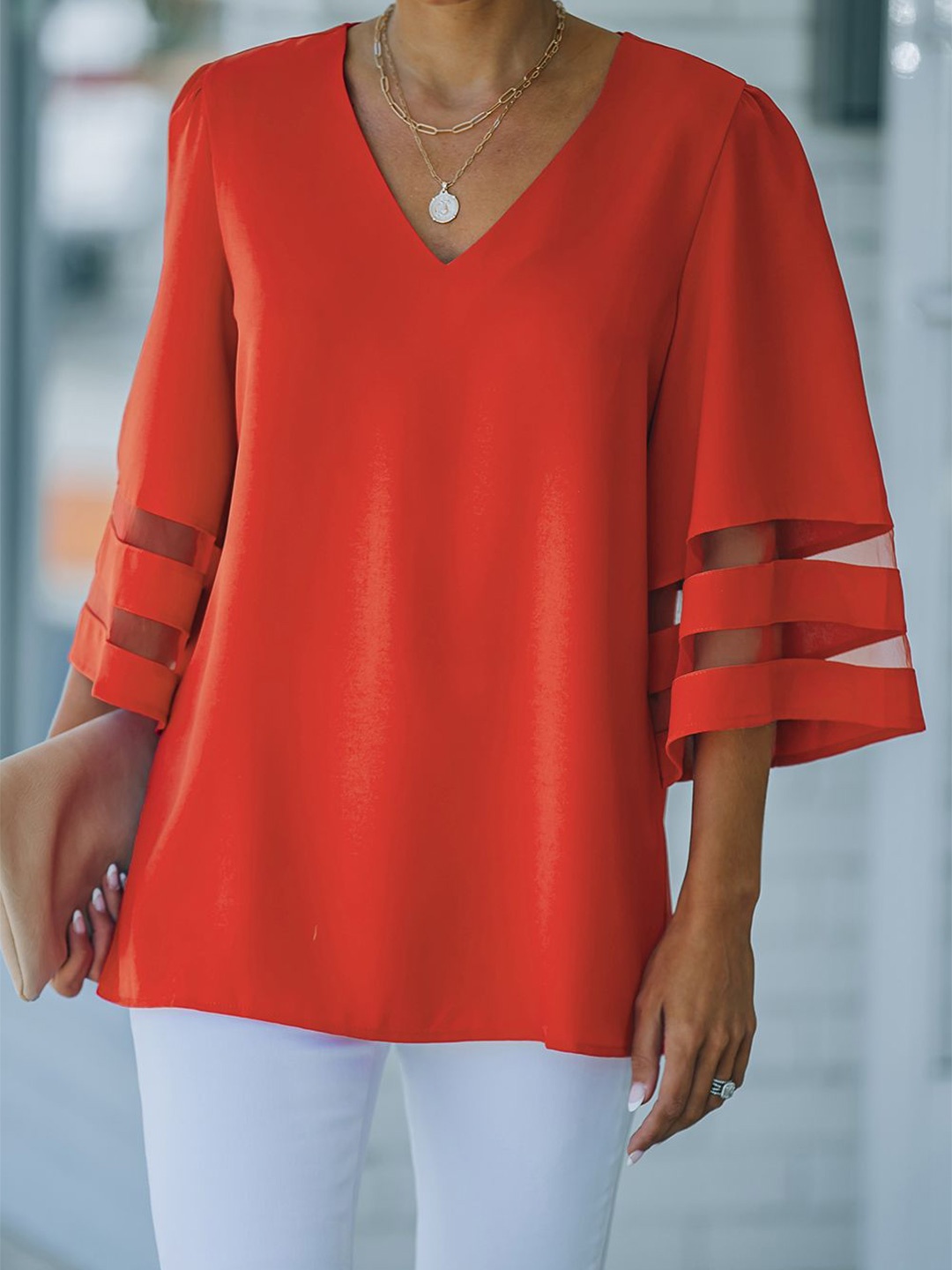 

Errabelly Flared Sleeve Top, Red