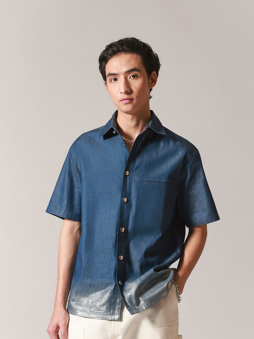 

H&M Foil Printed Denim Shirt, Blue
