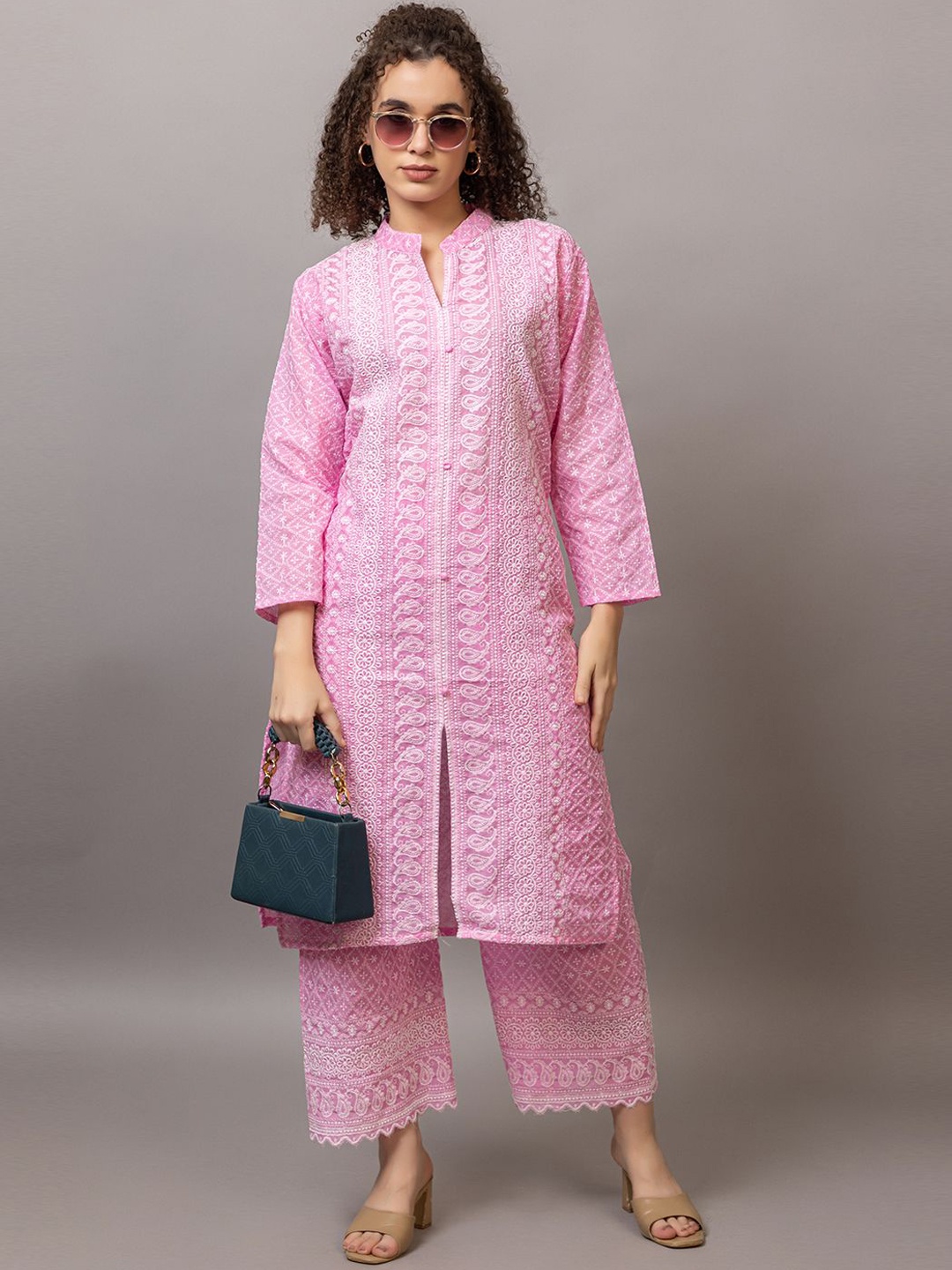 

TYSORT Women Floral Embroidered Regular Thread Work Kurta with Trousers, Pink
