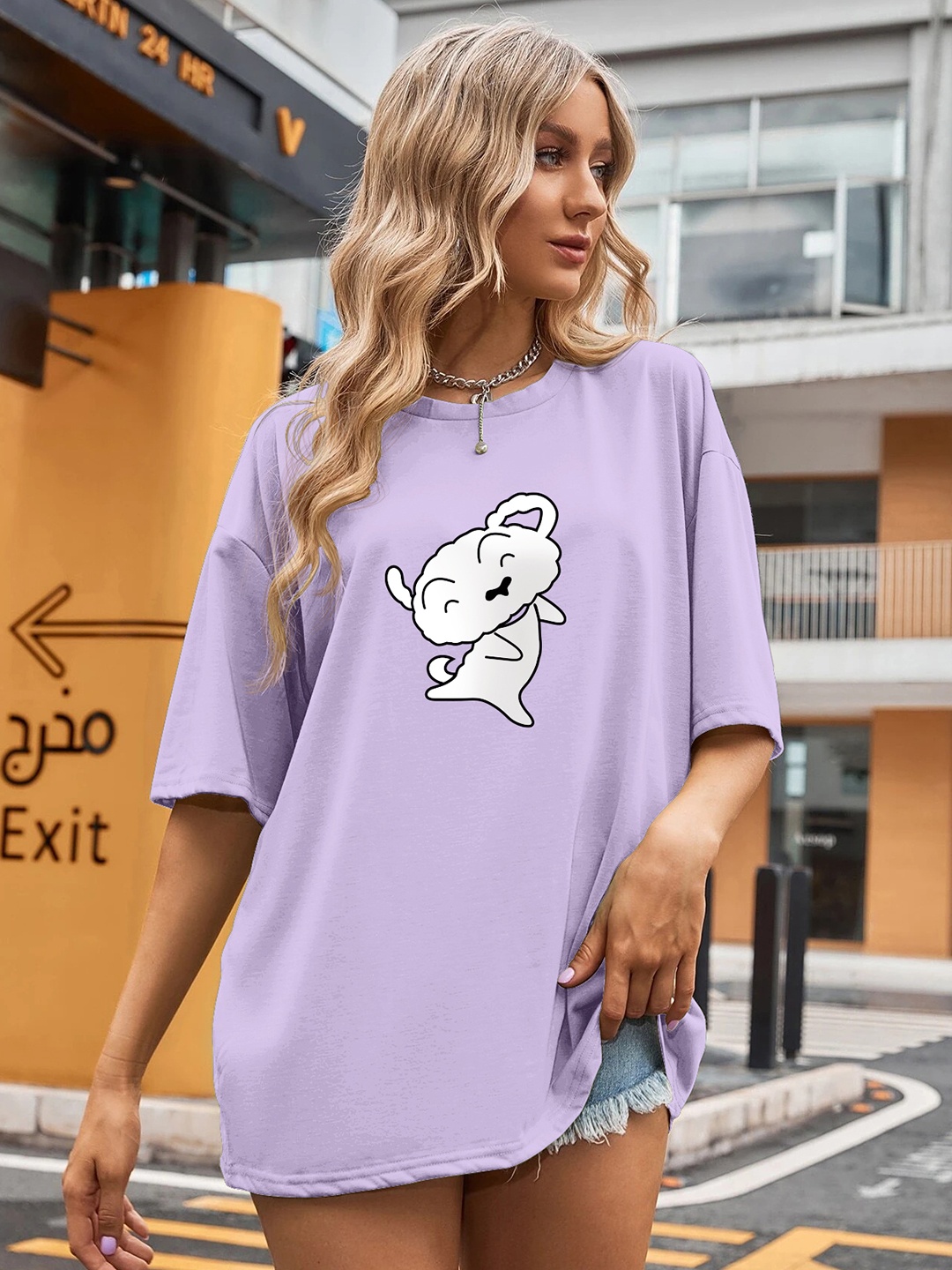

TOGS & TERRE Women Graphic Printed Round Neck Organic Cotton Oversized T-shirt, Lavender