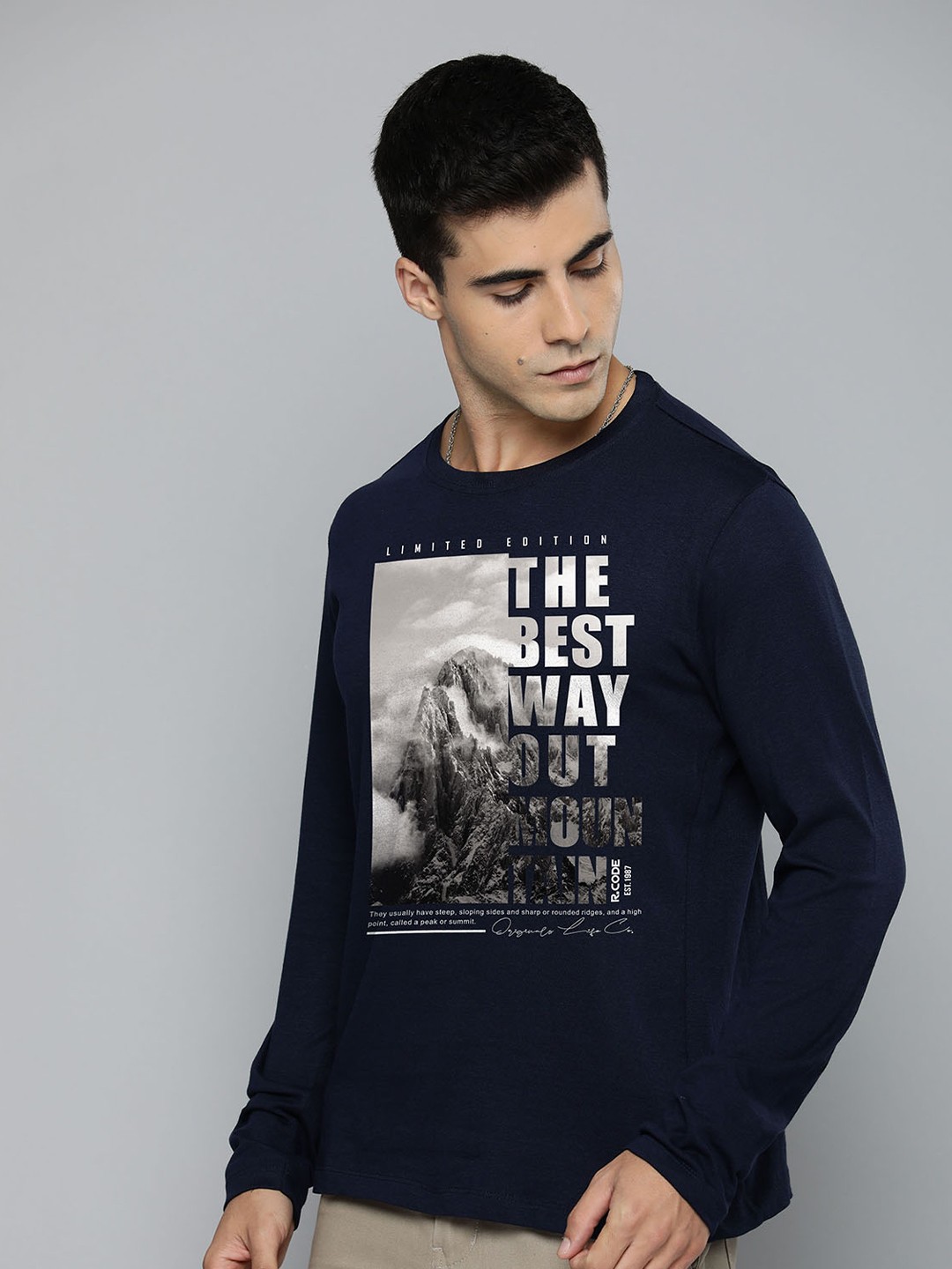 

R.Code by The Roadster Lifestyle Co. Men Graphic Printed Round Neck Cotton T-shirt, Navy blue
