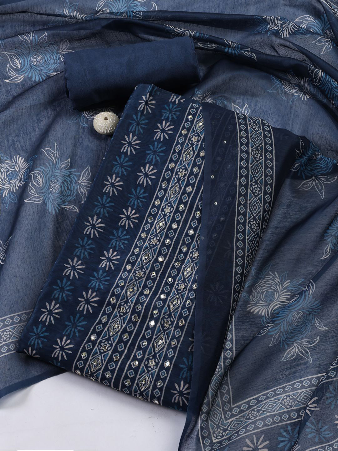 

Meena Bazaar Printed Art Silk Unstitched Dress Material, Navy blue