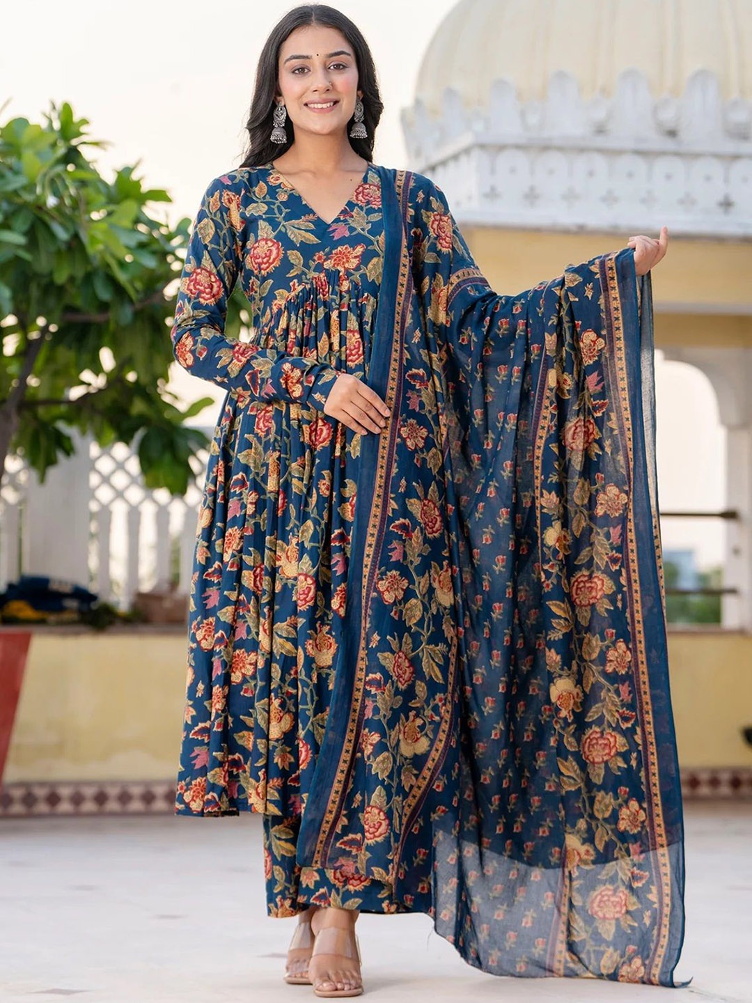 

Moda Rapido Floral Printed V-Neck Empire Anarkali Kurta With Palazzos And Dupatta, Blue