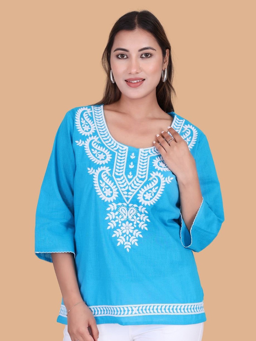 

Moda Rapido Floral Embroidered Flared Sleeves Pure Cotton Kurti, Blue