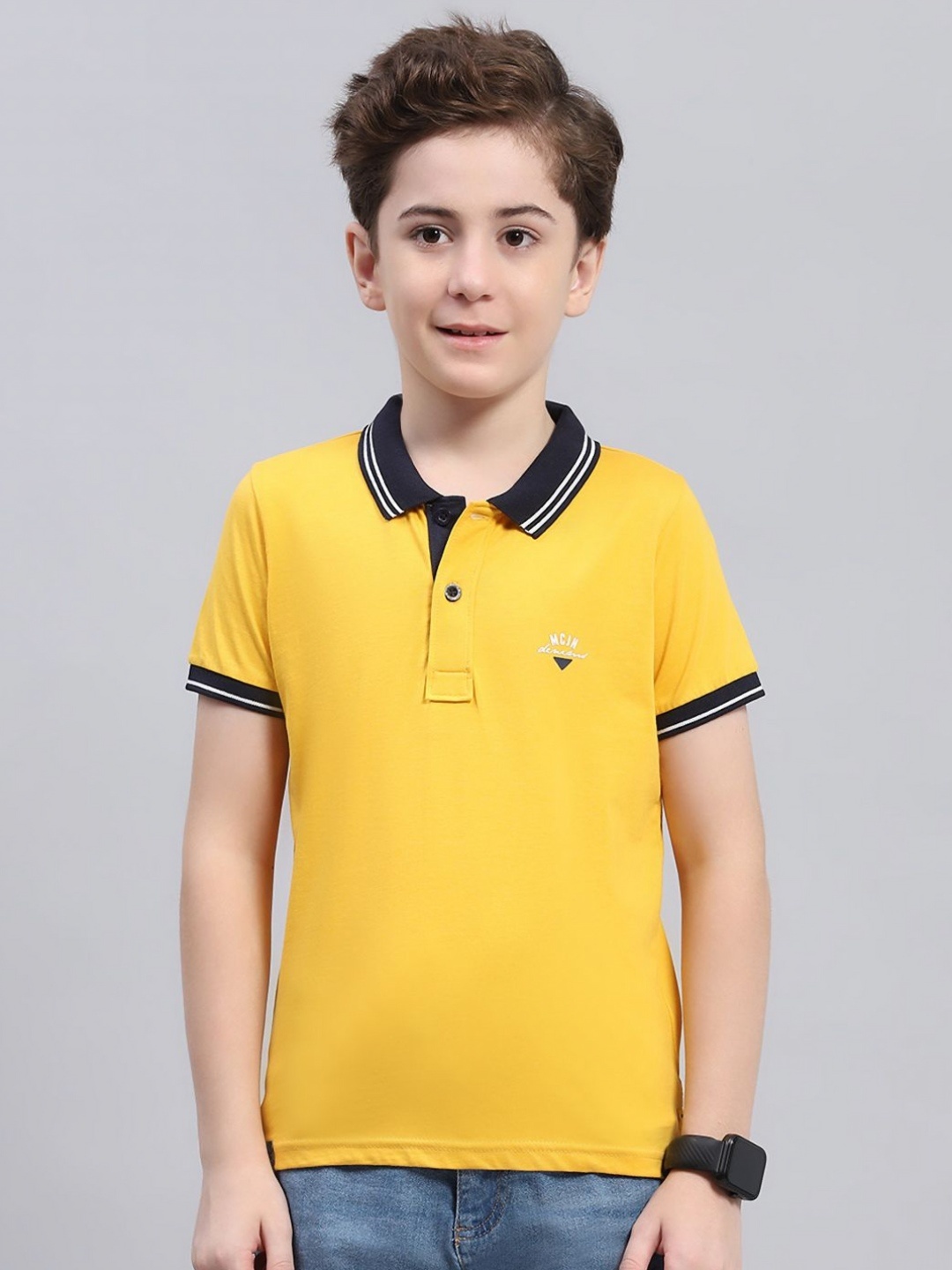 

Monte Carlo Boys Printed Polo Collar Applique T-shirt, Mustard