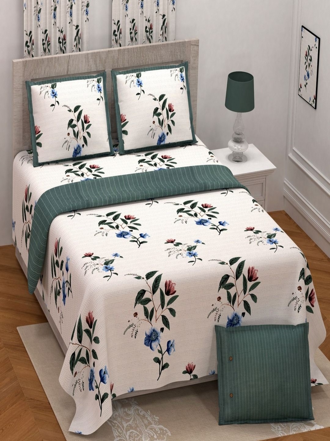 

Myntra Elegant Homes Blue & White Floral 250 TC King Bedsheet with 2 Pillow Covers