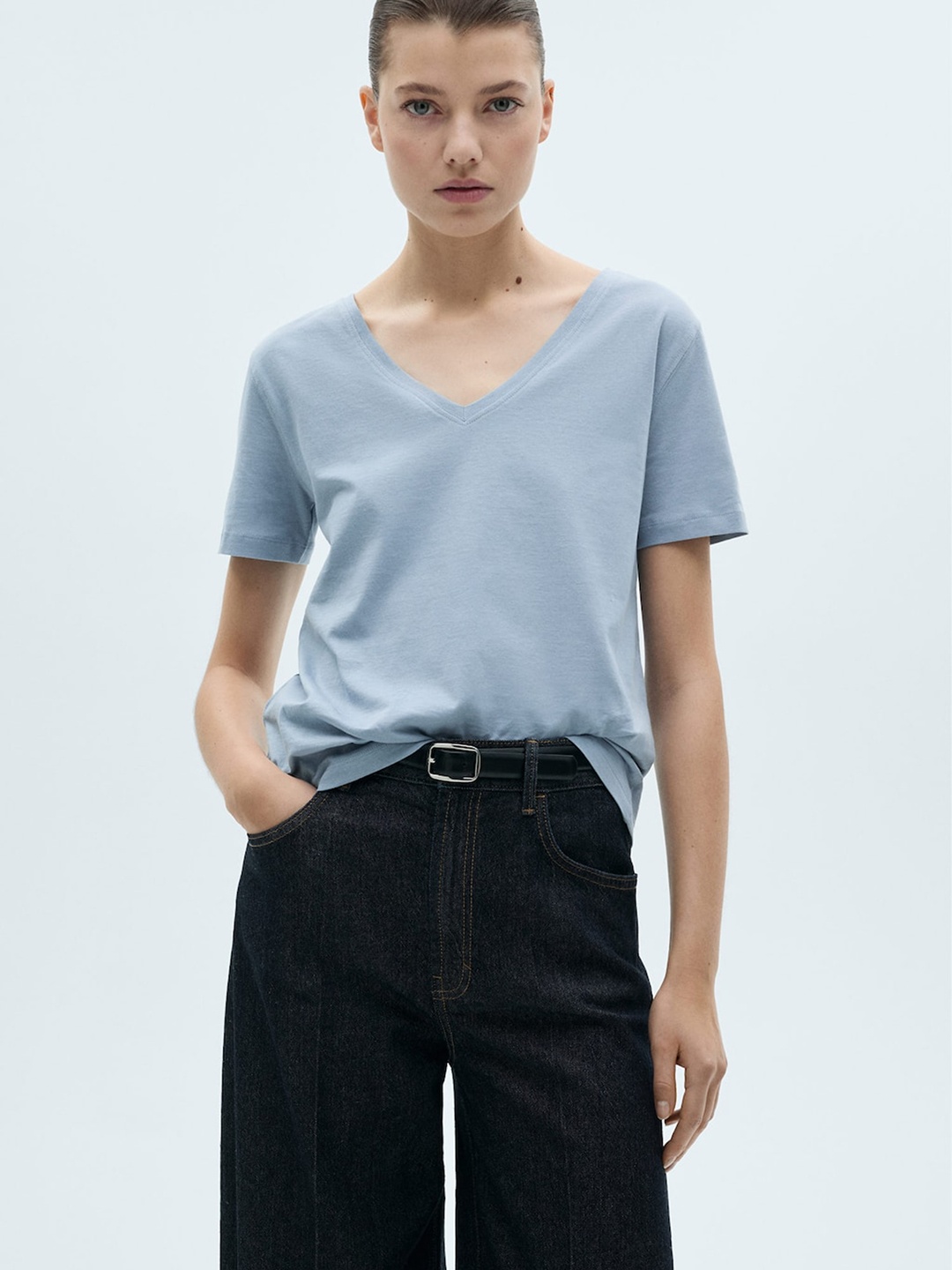 

MANGO Pure Cotton V-Neck Longline T-shirt, Blue