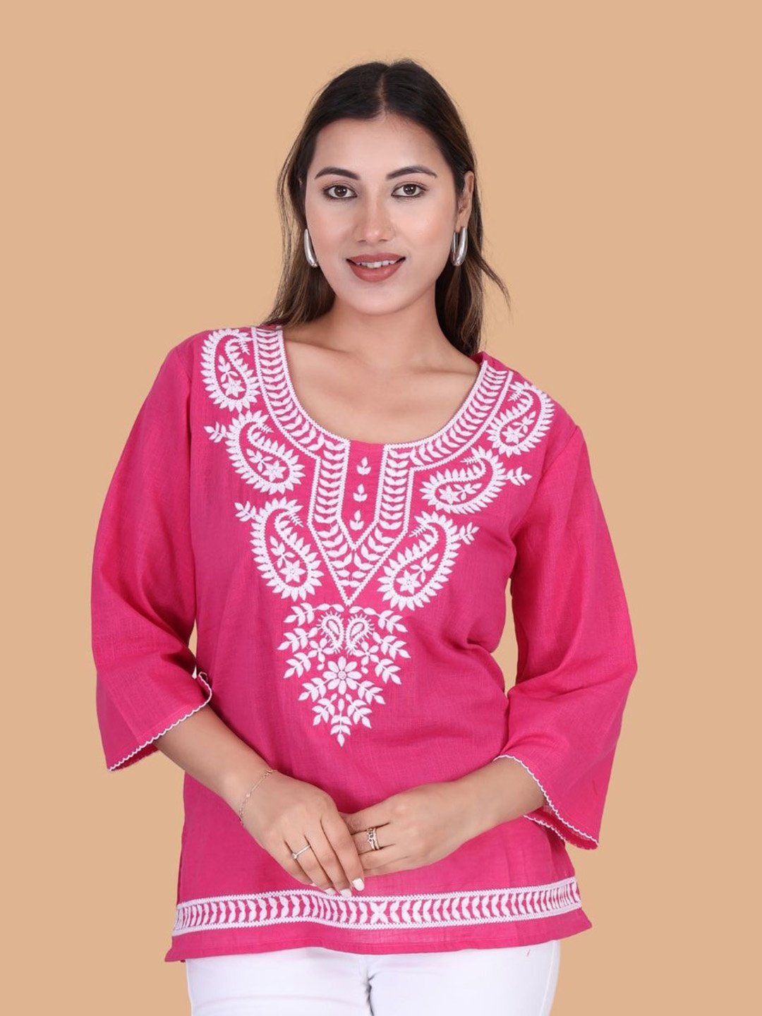 

Moda Rapido Floral Embroidered Flared Sleeves Thread Work Pure Cotton Thread Work Kurti, Pink