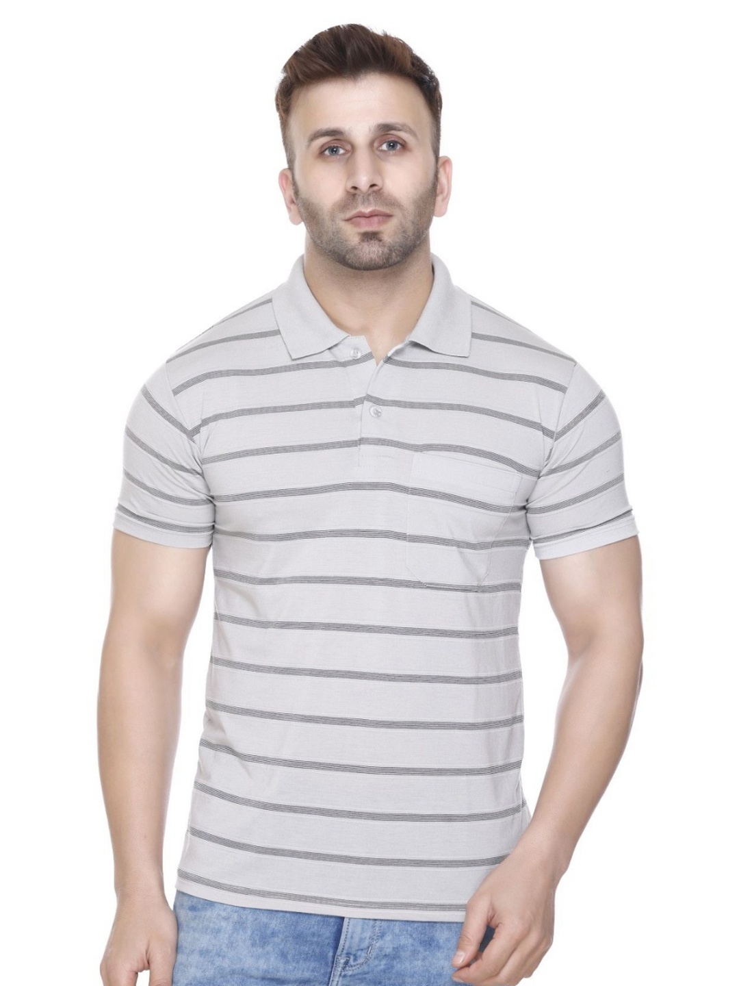 

Yoorix Men Striped Polo Collar T-shirt, Grey