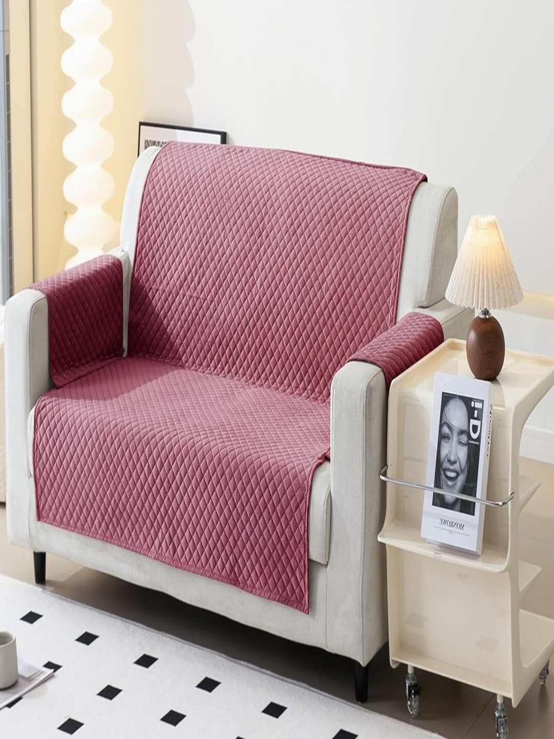 

Fashion Throw Pink Checked Velvet 1 Piece Sofa Cover With Arms