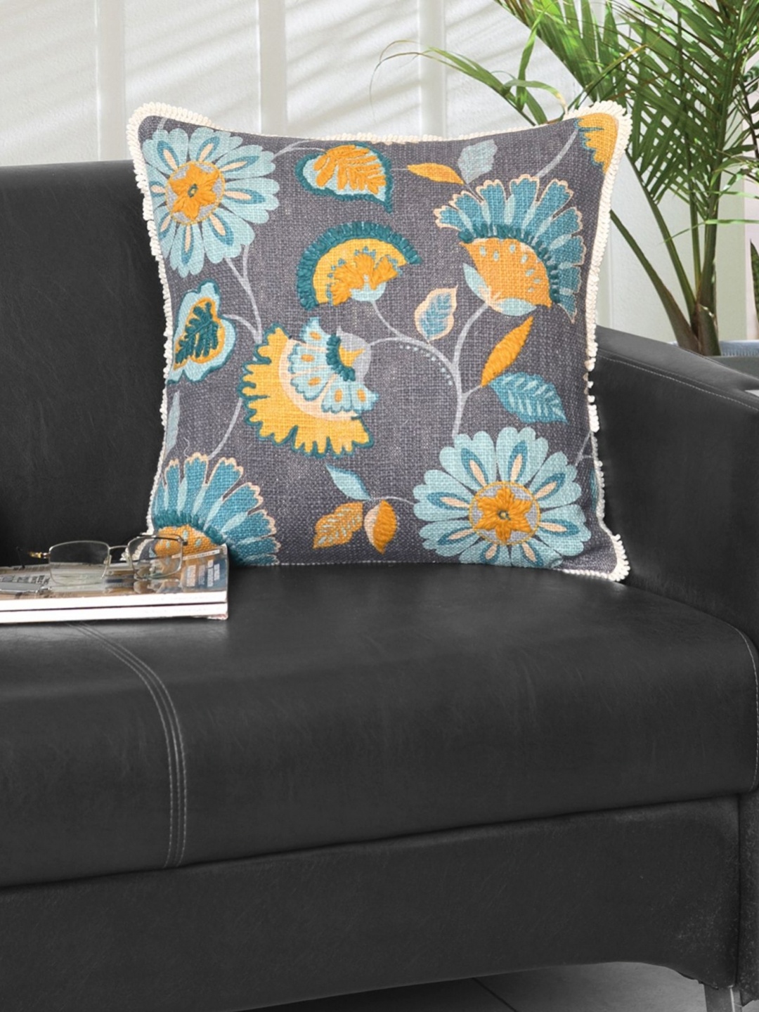 

Ode & Cleo Grey & Yellow Embroidered Square Cushion Covers