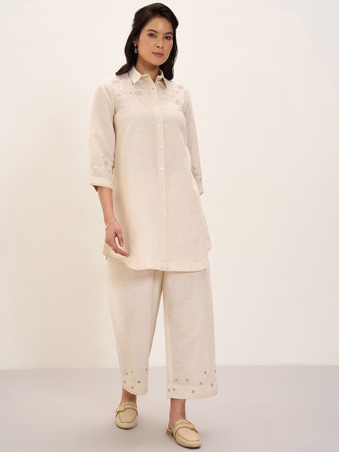 

Marigold Lane Women Regular Linen Kurti with Trousers, Beige
