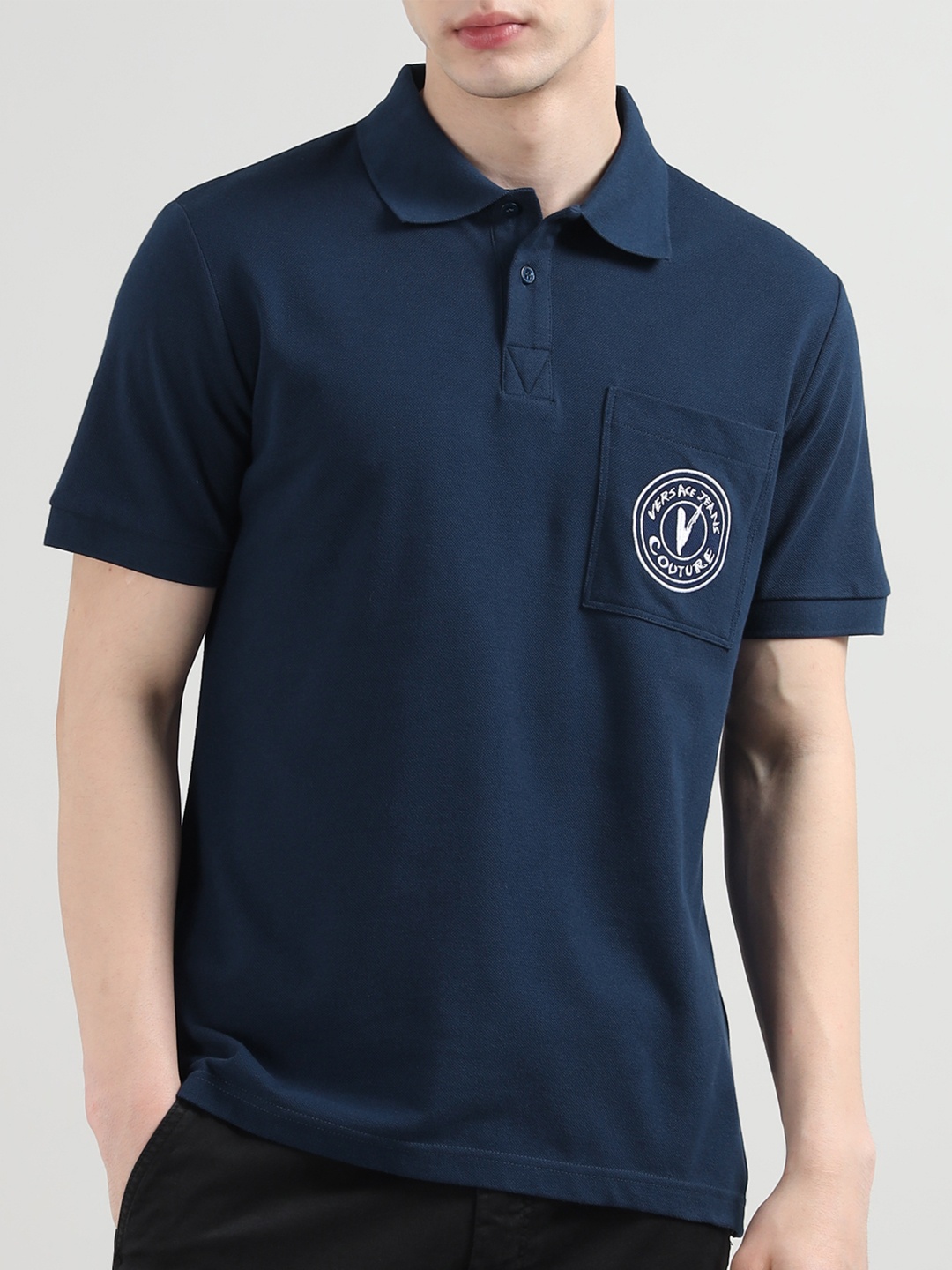 

Versace Jeans Couture Men Solid Polo Collar Cotton T-shirt, Navy blue