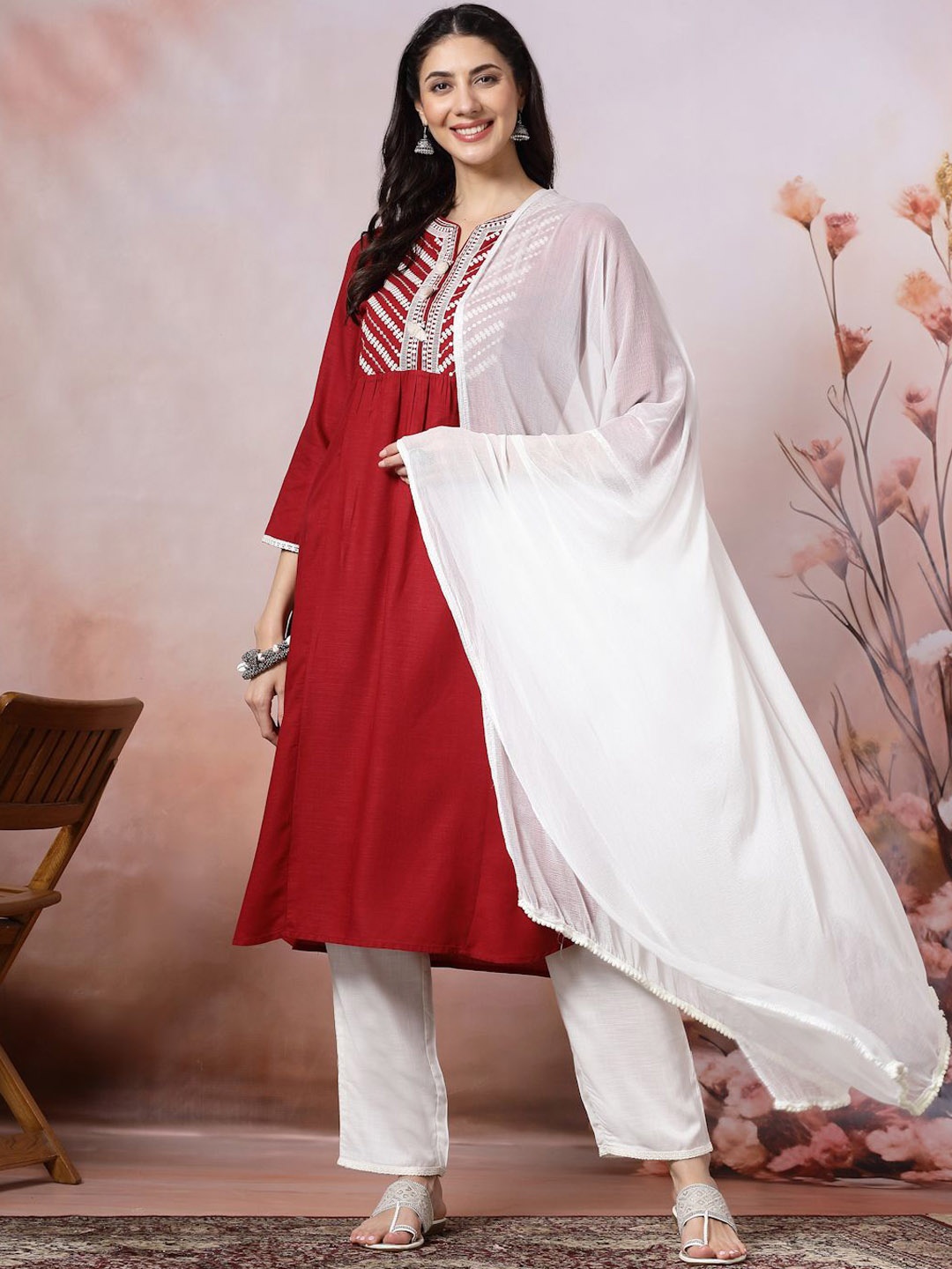 

Nayam By Lakshita Women Ethnic Motifs Embroidered Regular Thread Work Kurta with Trousers & With Dupatta, Red