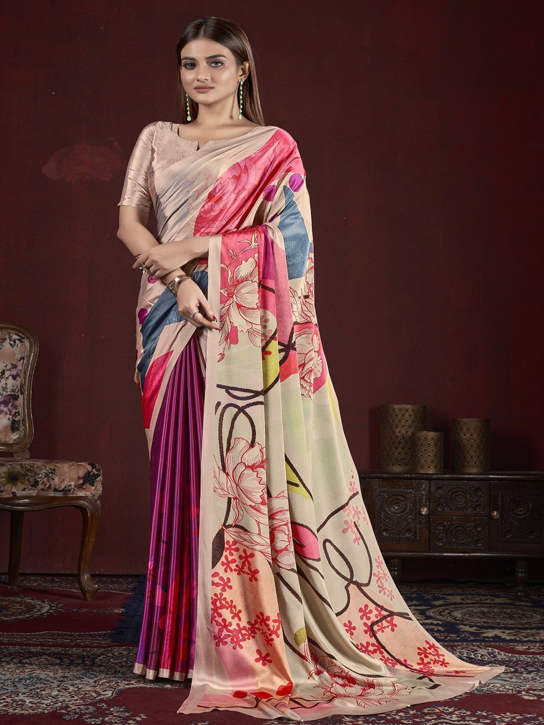 

Suha Floral Poly Crepe Saree, Pink