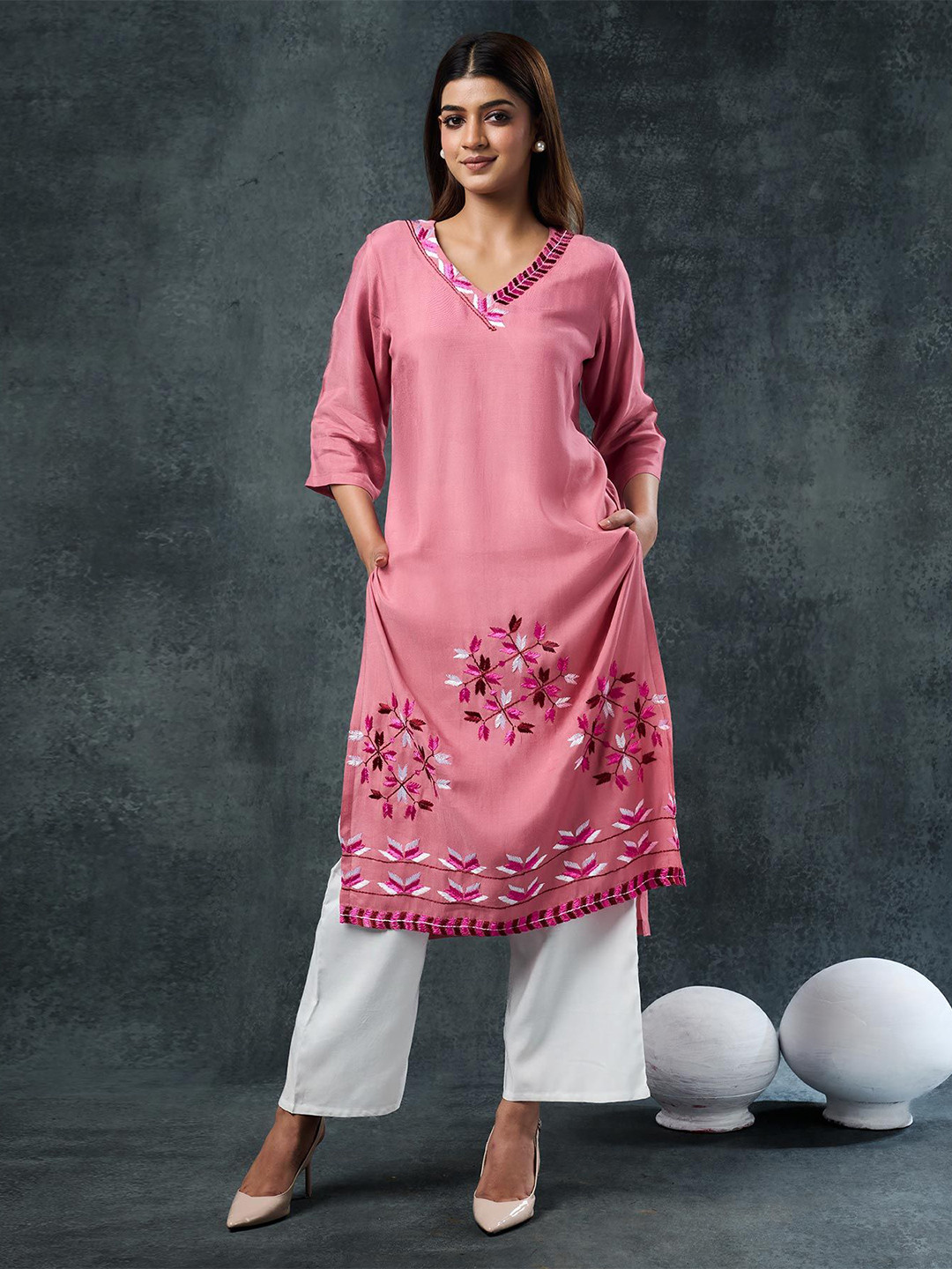 

Phulkari Forever Embroidered V-Neck Ethnic A-Line Kurta, Pink