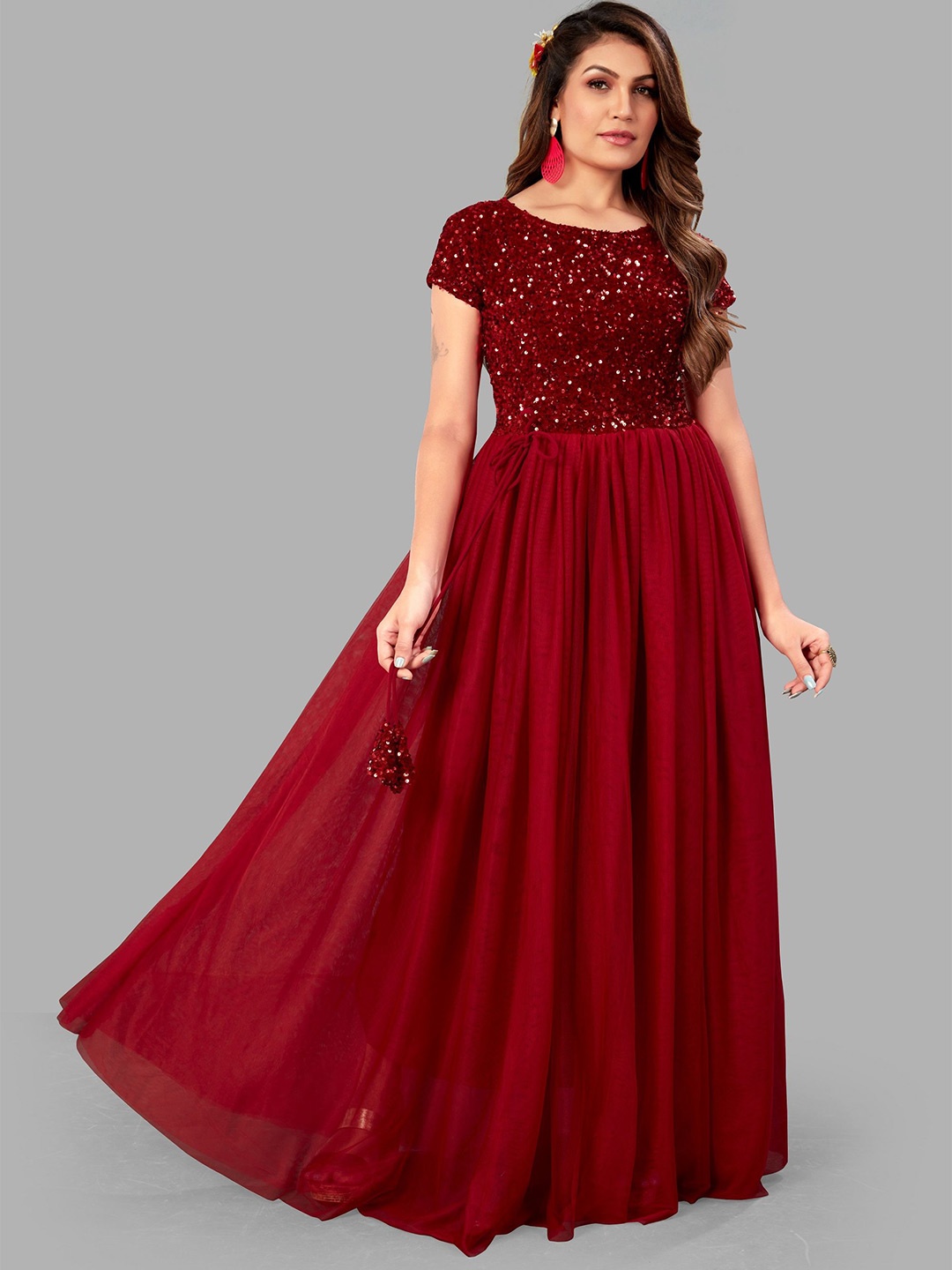 

RebikaTrendz Embellished Velvet Fit & Flare Maxi Dress, Maroon