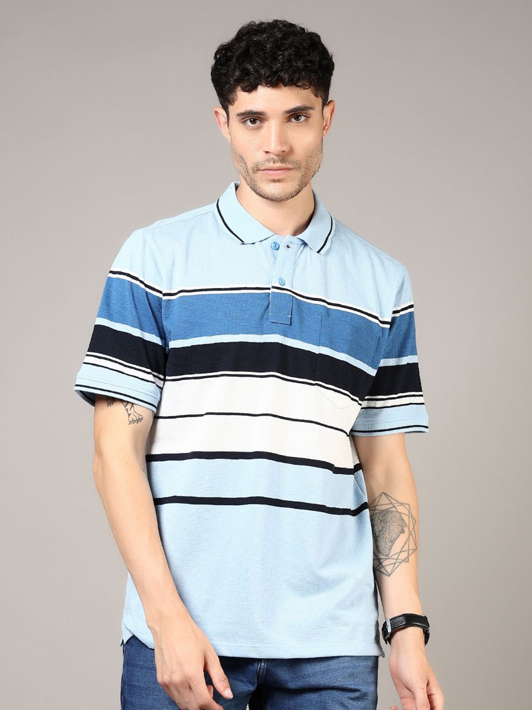 

V-Mart Men Striped Polo Collar T-shirt, Blue