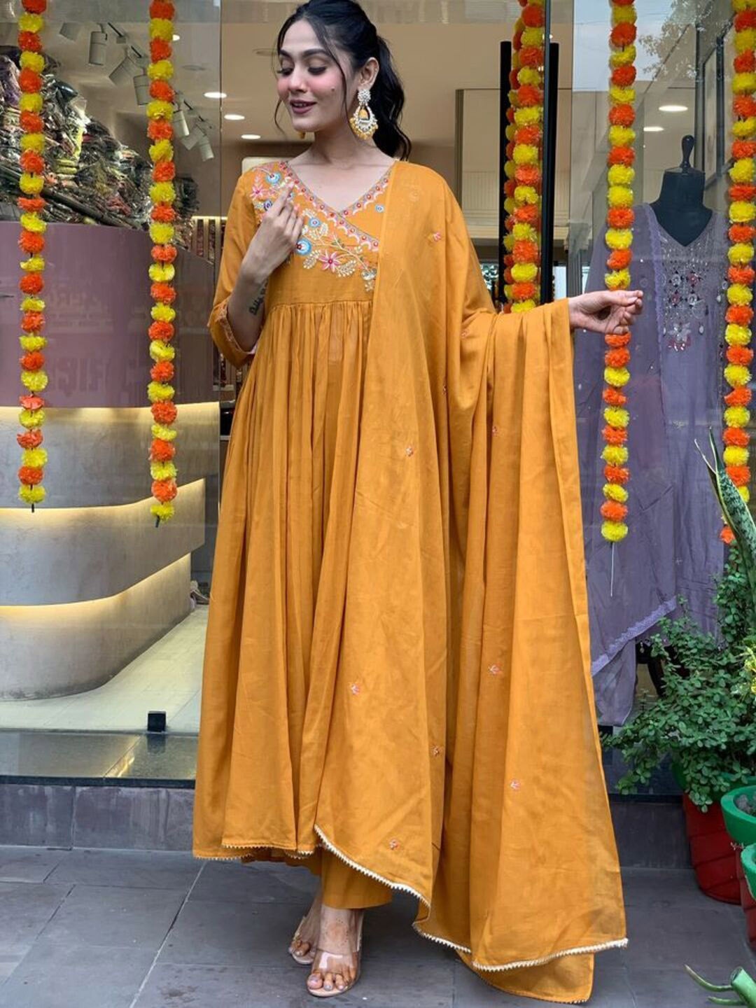 

SHIJILA Women Floral Embroidered Angrakha Thread Work Kurta with Trousers & With Dupatta, Mustard