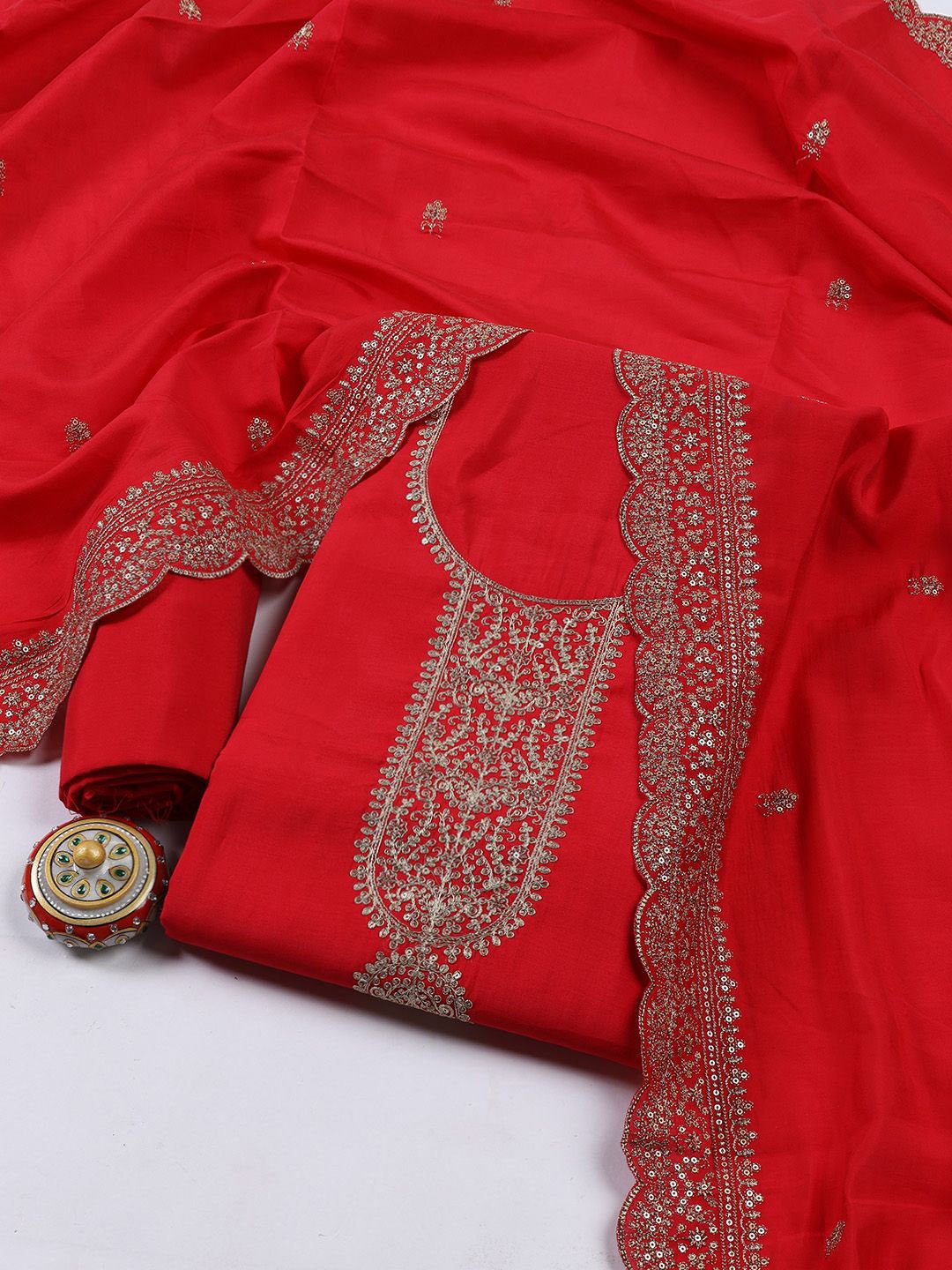 

Meena Bazaar Embroidered Art Silk Unstitched Dress Material, Magenta