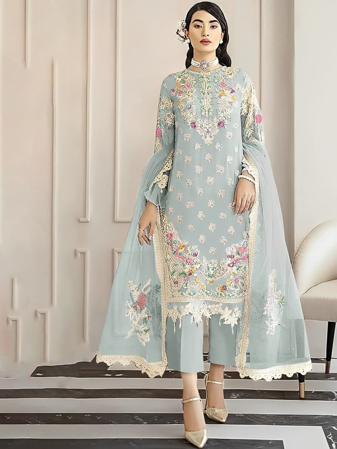 

REET MAHAL Floral Embroidered Thread Work Pure Cotton Unstitched Dress Material, Blue