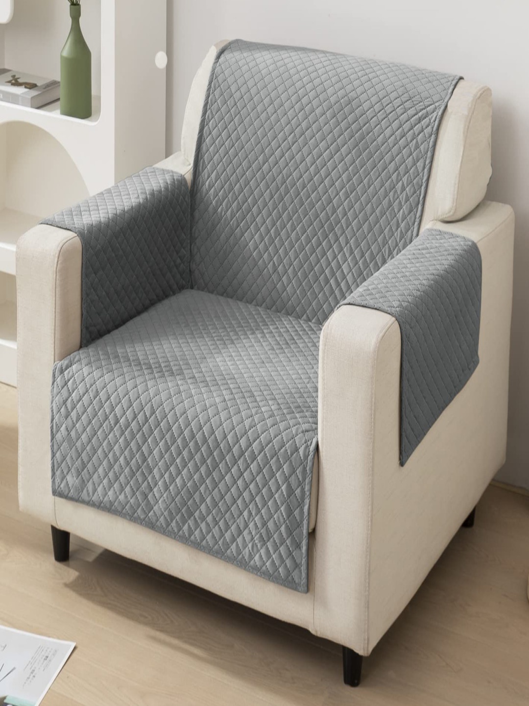 

Fashion Throw Grey Checked Velvet 1 Piece Sofa Cover With Arms