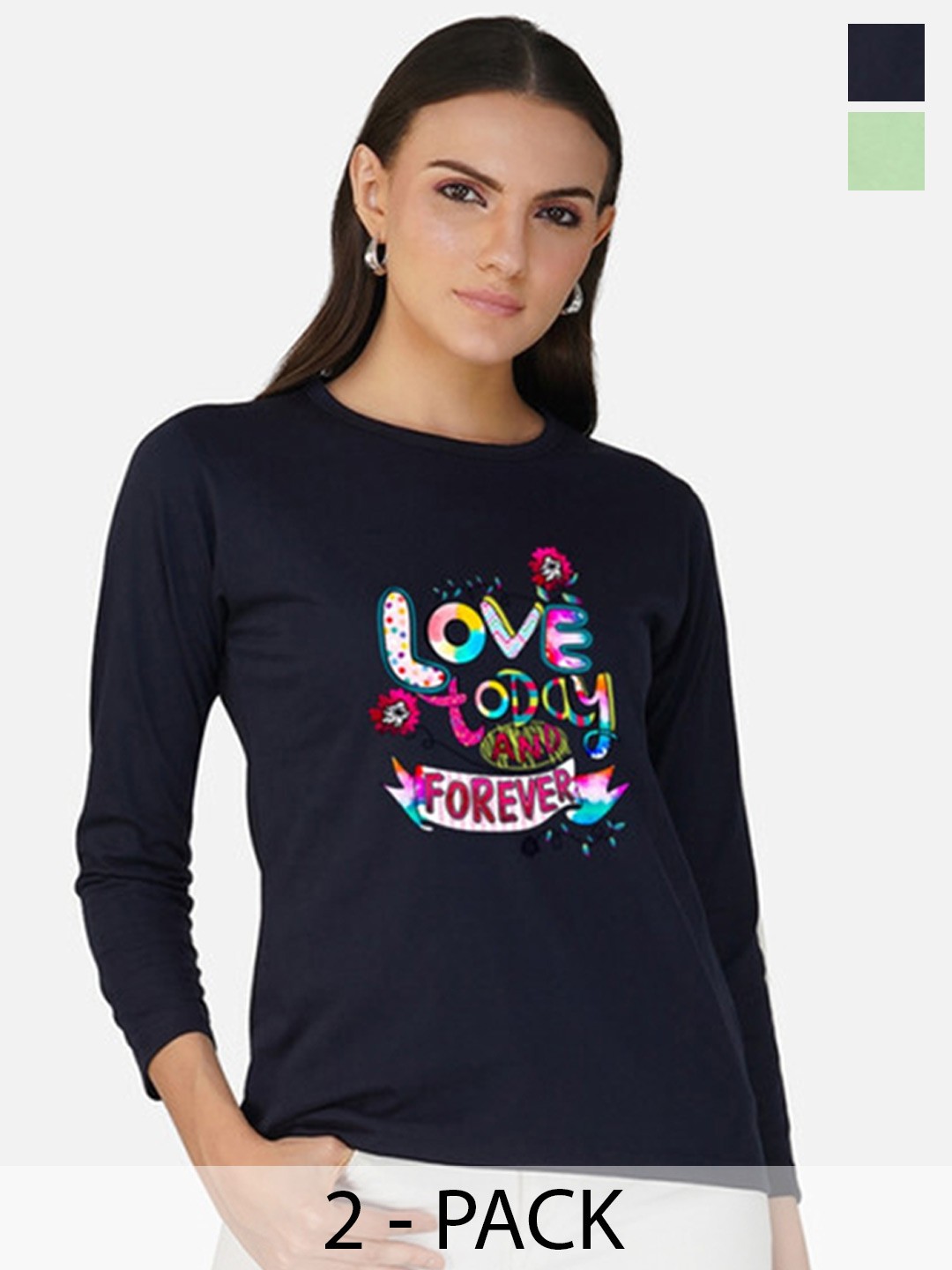 

Metronaut Women 2 Printed Bio Finish Applique T-shirt, Navy blue