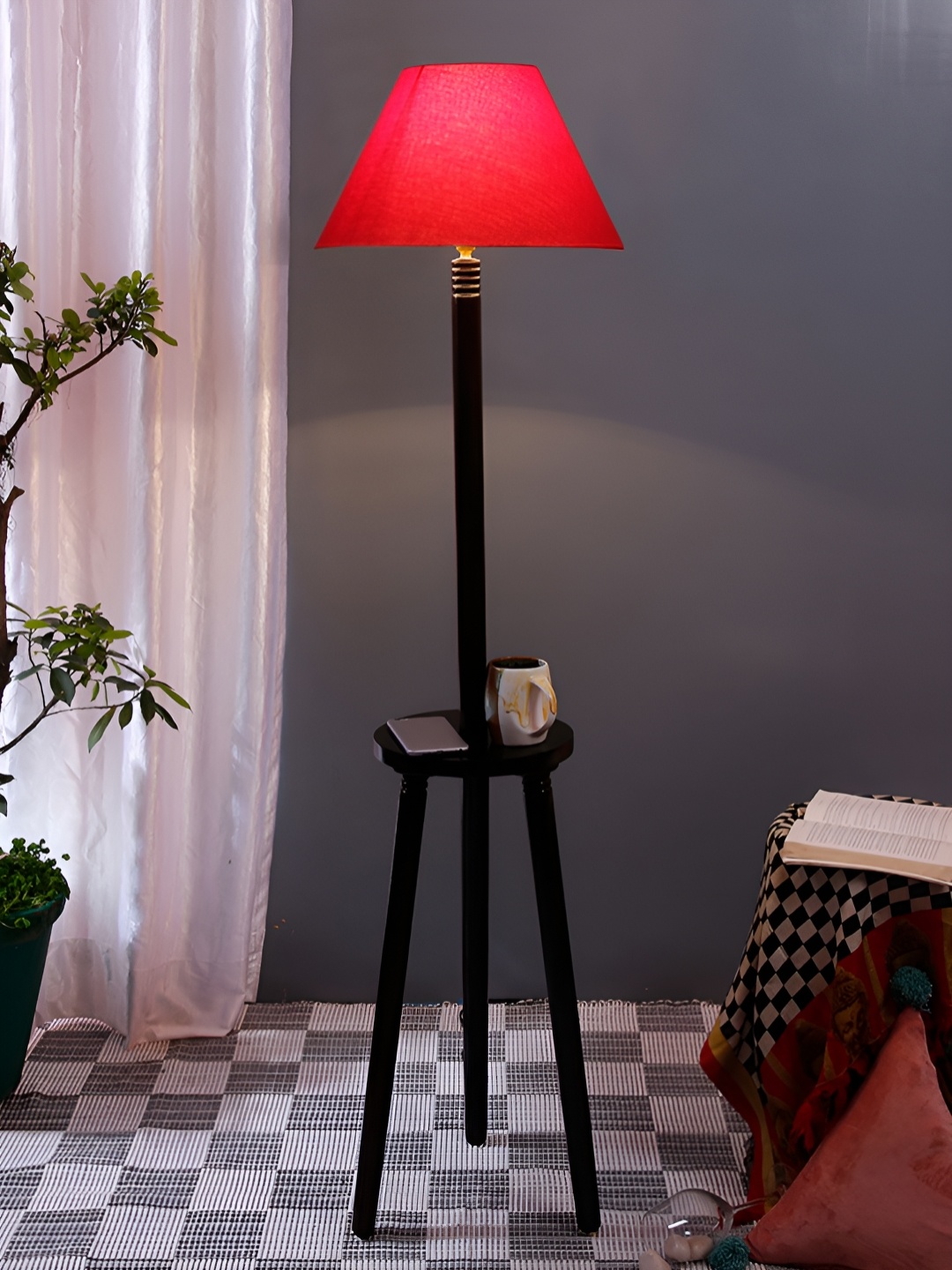 

Devansh Red And Brown Frustum Shaped Wooden Shelf Floor Lamp