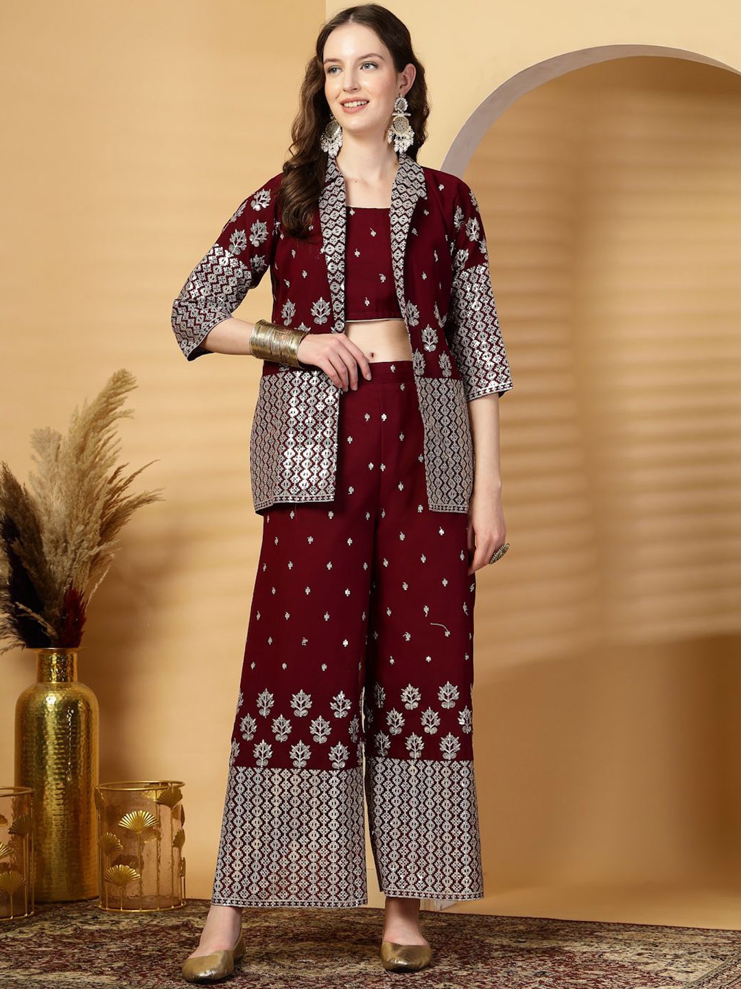 

Clora Creation Printed Round Neck Top With Palazzos and Blazer Set Co-Ords, Burgundy