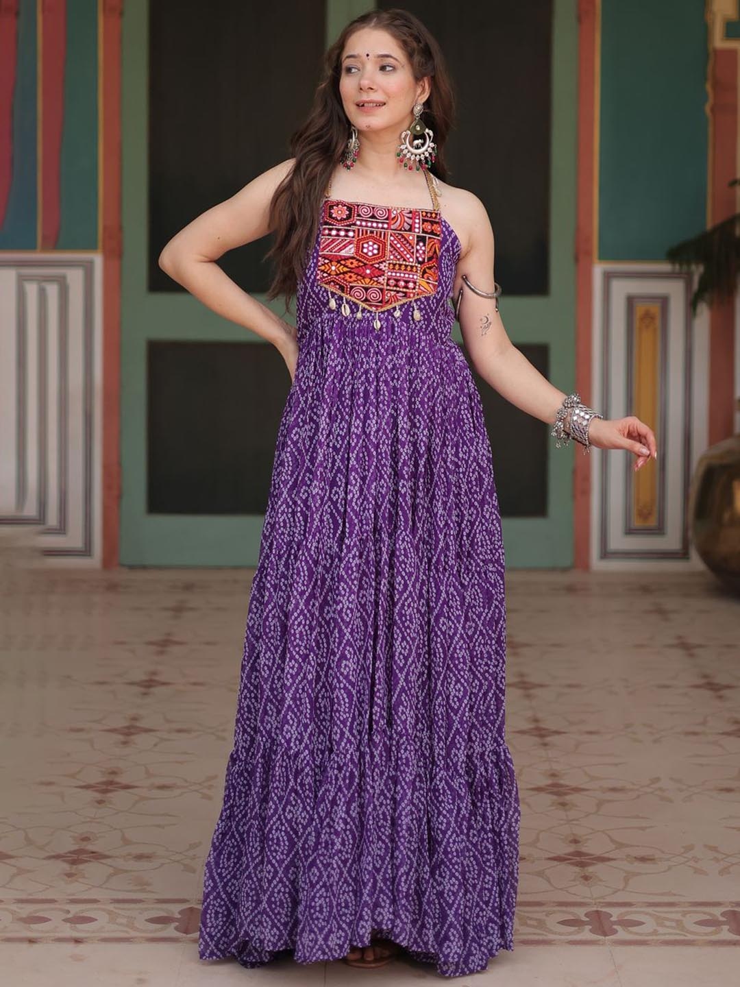 

Ethnic Yard Women Geometric Striped Mirror Work Georgette Kurta, Purple
