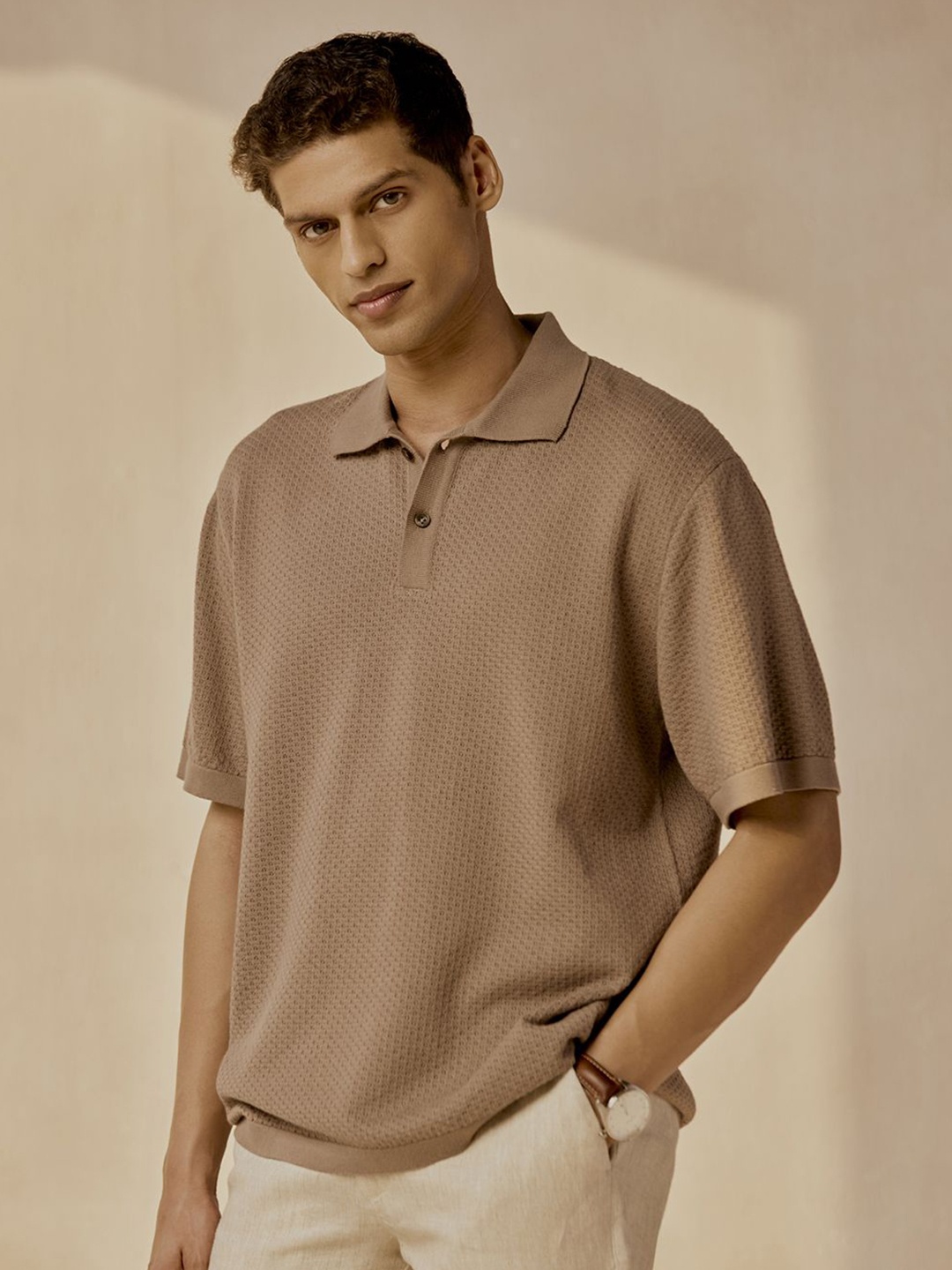 

Andamen Men Casual Organic Cotton Texture Relaxed Fit Polo T-Shirt, Brown