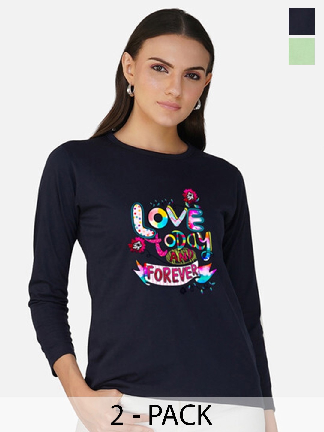 

Metronaut Women 2 Printed Bio Finish Applique T-shirt, Navy blue