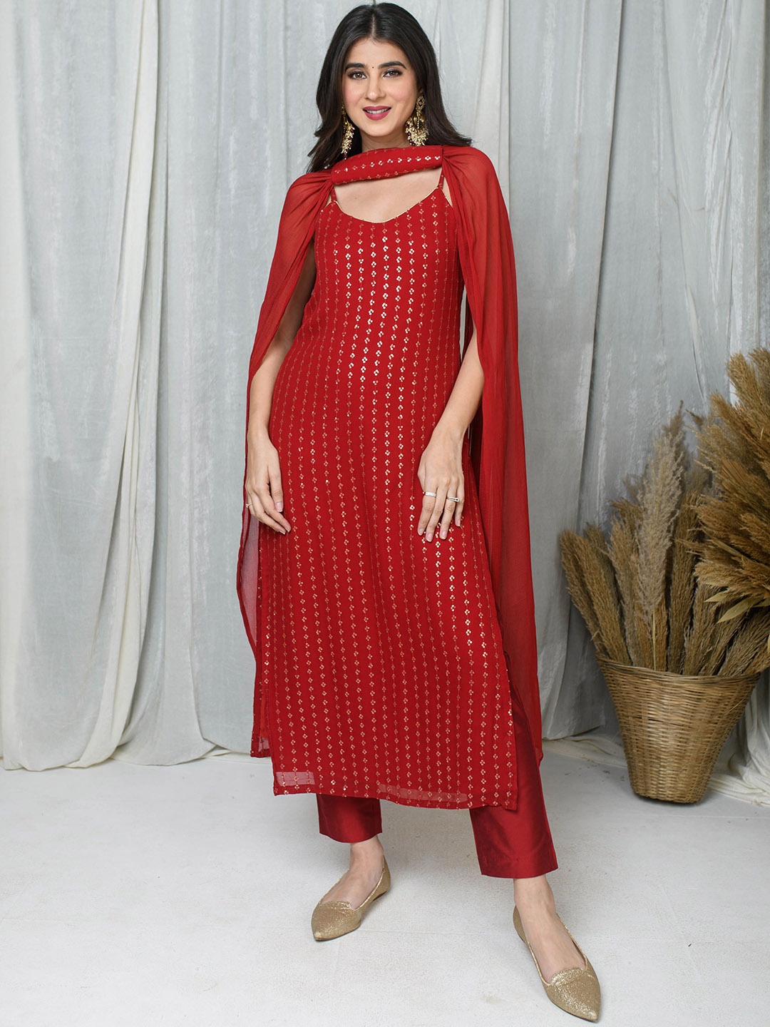 

Label Shaurya Sanadhya Women Ethnic Motifs Embroidered Regular Sequinned Kurta with Trousers & With Dupatta, Red